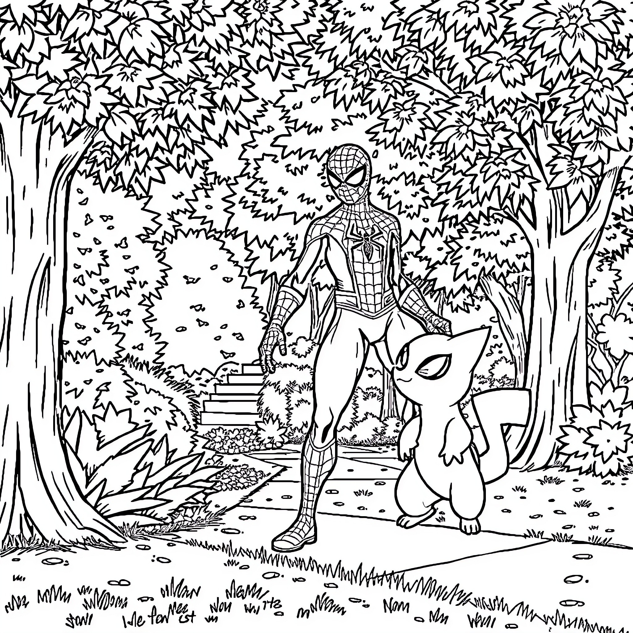 Spiderman exploring the forest with his animal companion Coloring Page (free black-and-white line drawing printable PDF for all, from beginners to advanced learners, including children, teens, adults, and seniors)