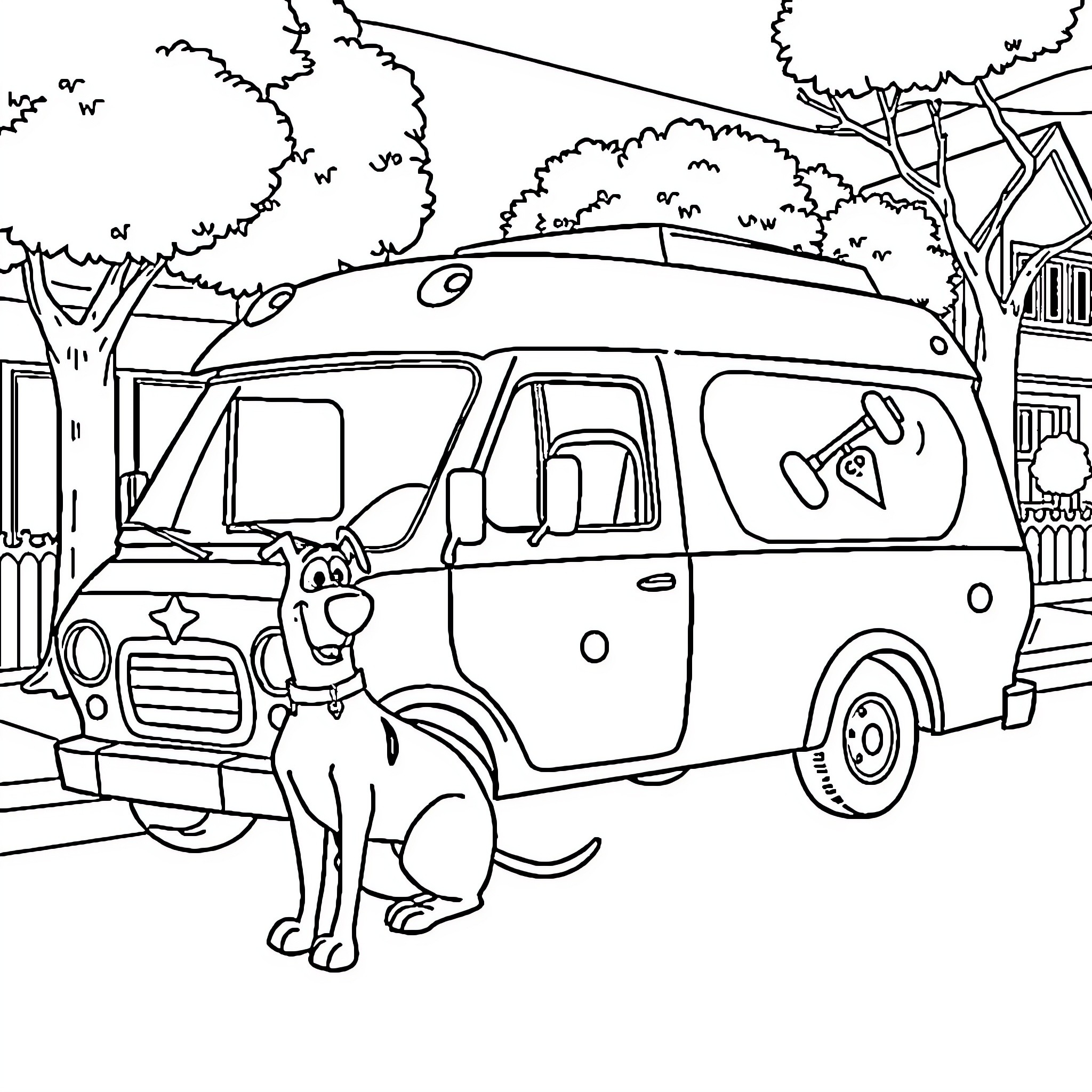 Scooby-Doo Van in a Mysterious Neighborhood Coloring Page (free black-and-white line drawing printable PDF for all, from beginners to advanced learners, including children, teens, adults, and seniors)