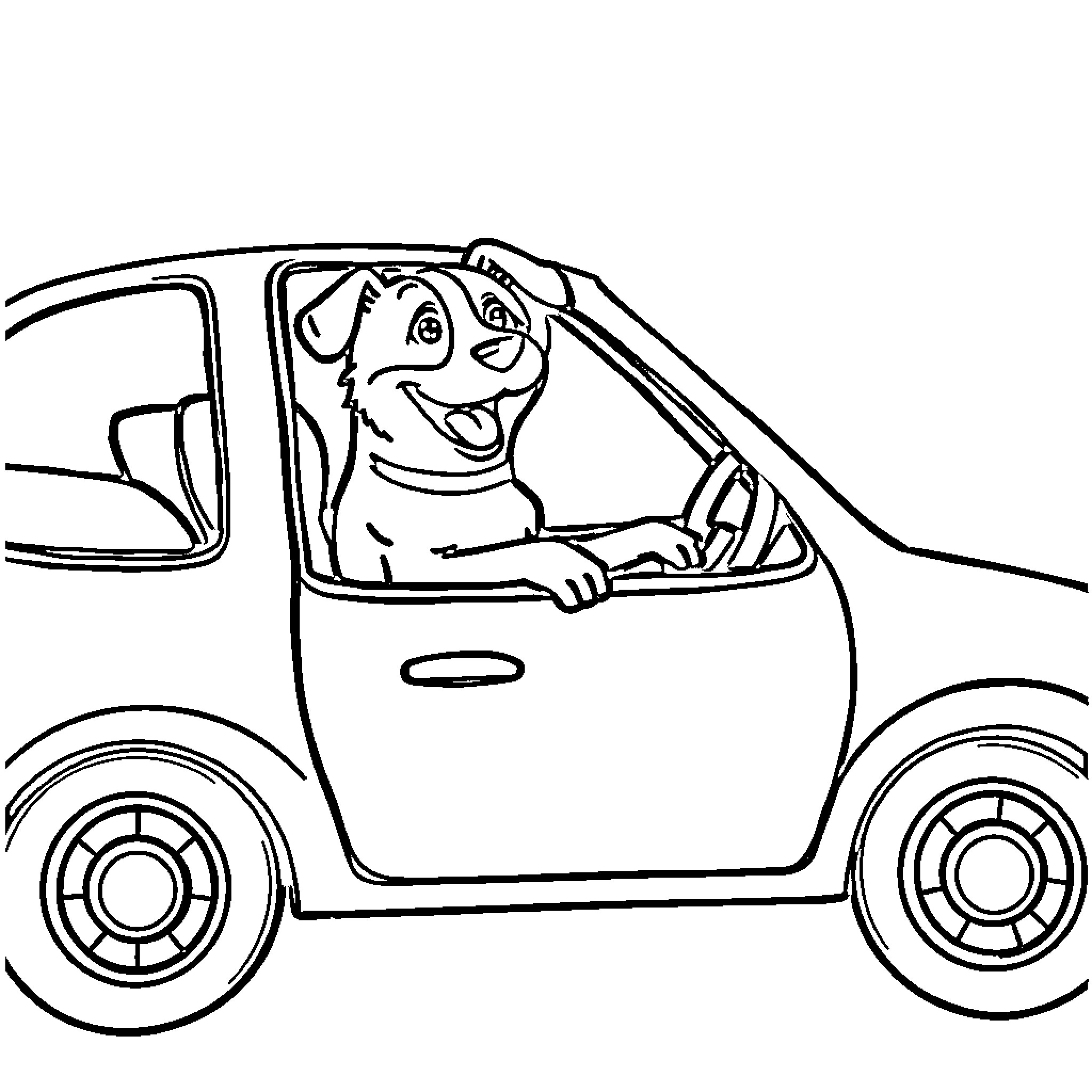 Dog driving a tiny car happily Coloring Page (free black-and-white line drawing printable PDF for all, from beginners to advanced learners, including children, teens, adults, and seniors)