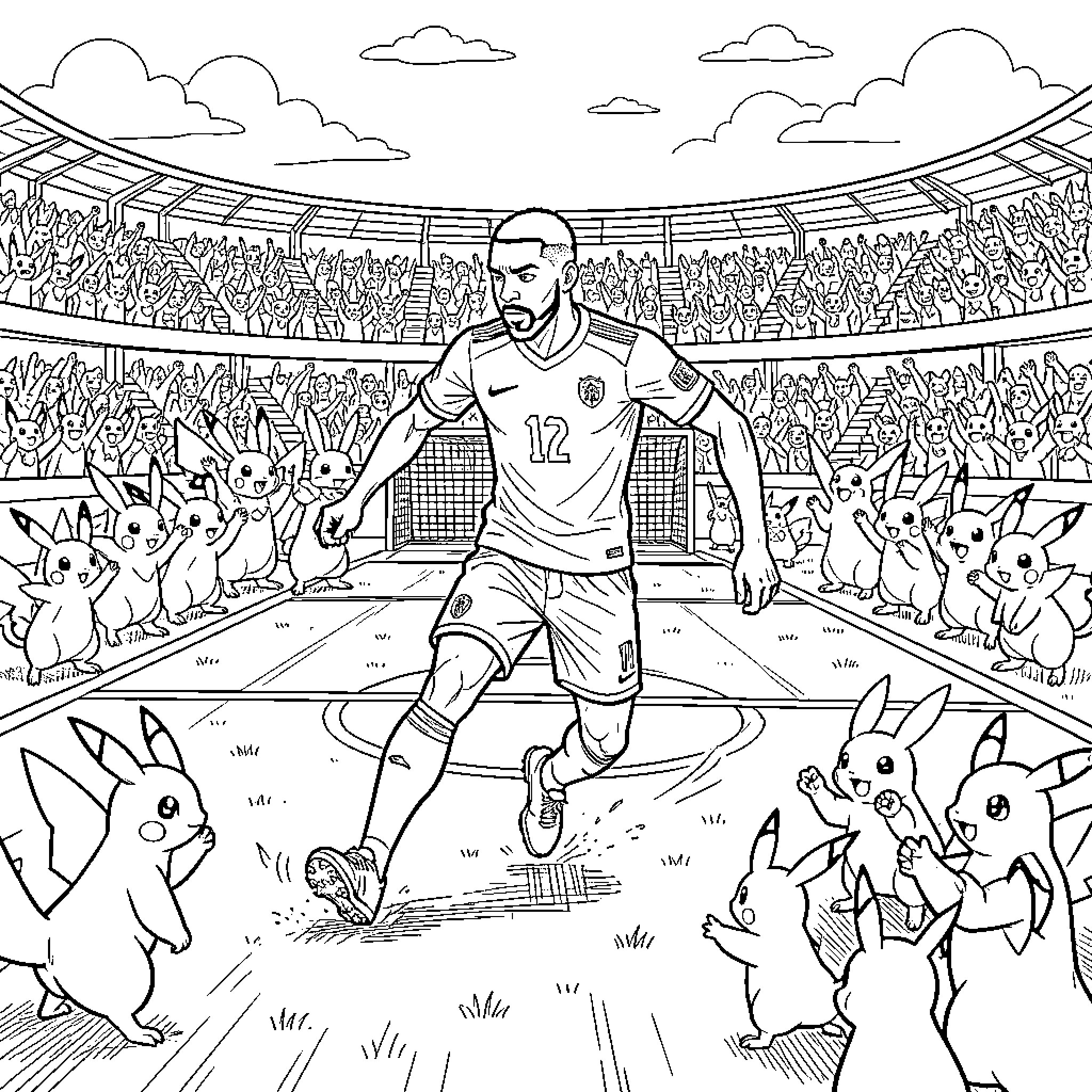 Mbappe playing soccer surrounded by many small creatures Coloring Page (free black-and-white line drawing printable PDF for all, from beginners to advanced learners, including children, teens, adults, and seniors)