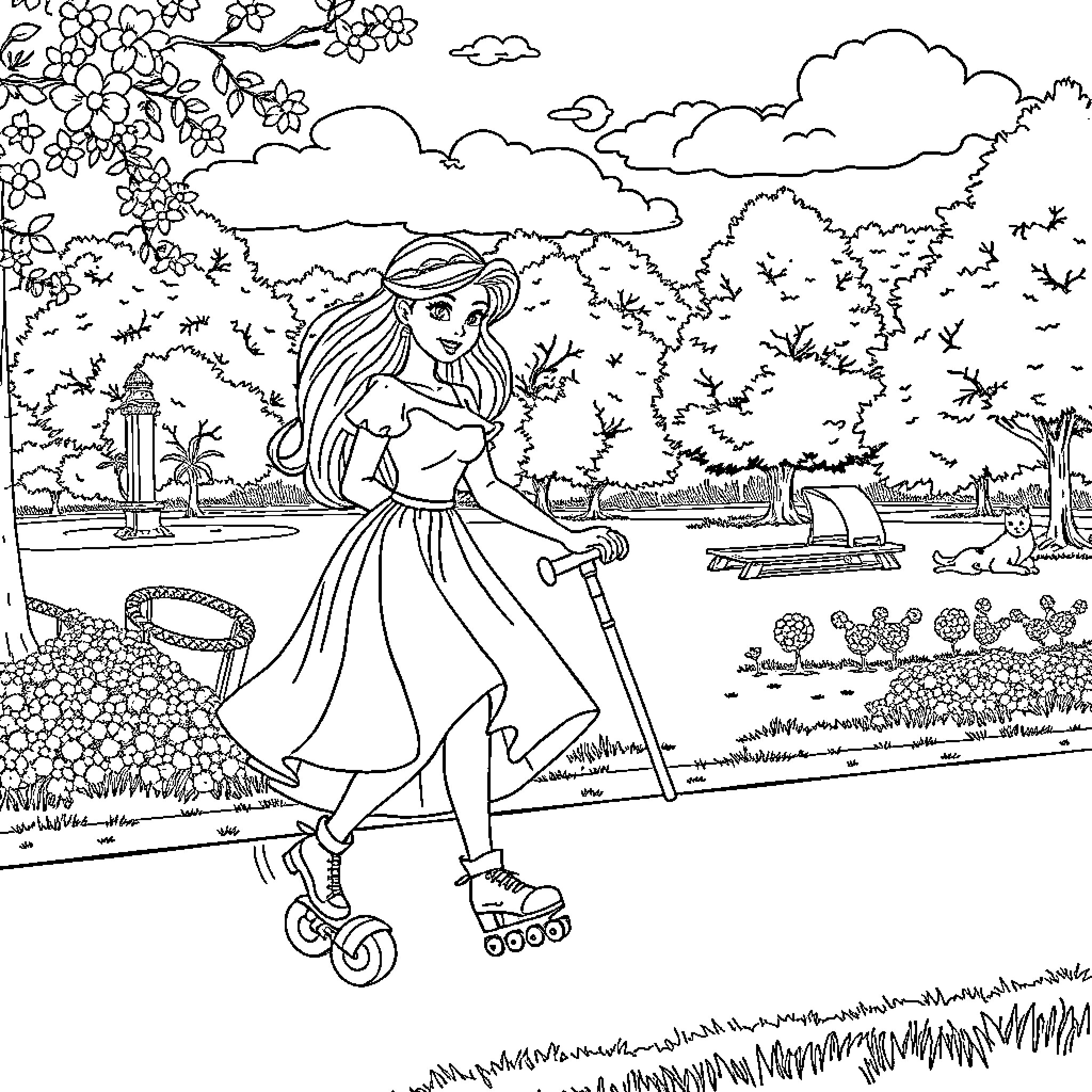 Princess exploring the enchanted garden on roller skates Coloring Page (free black-and-white line drawing printable PDF for all, from beginners to advanced learners, including children, teens, adults, and seniors)