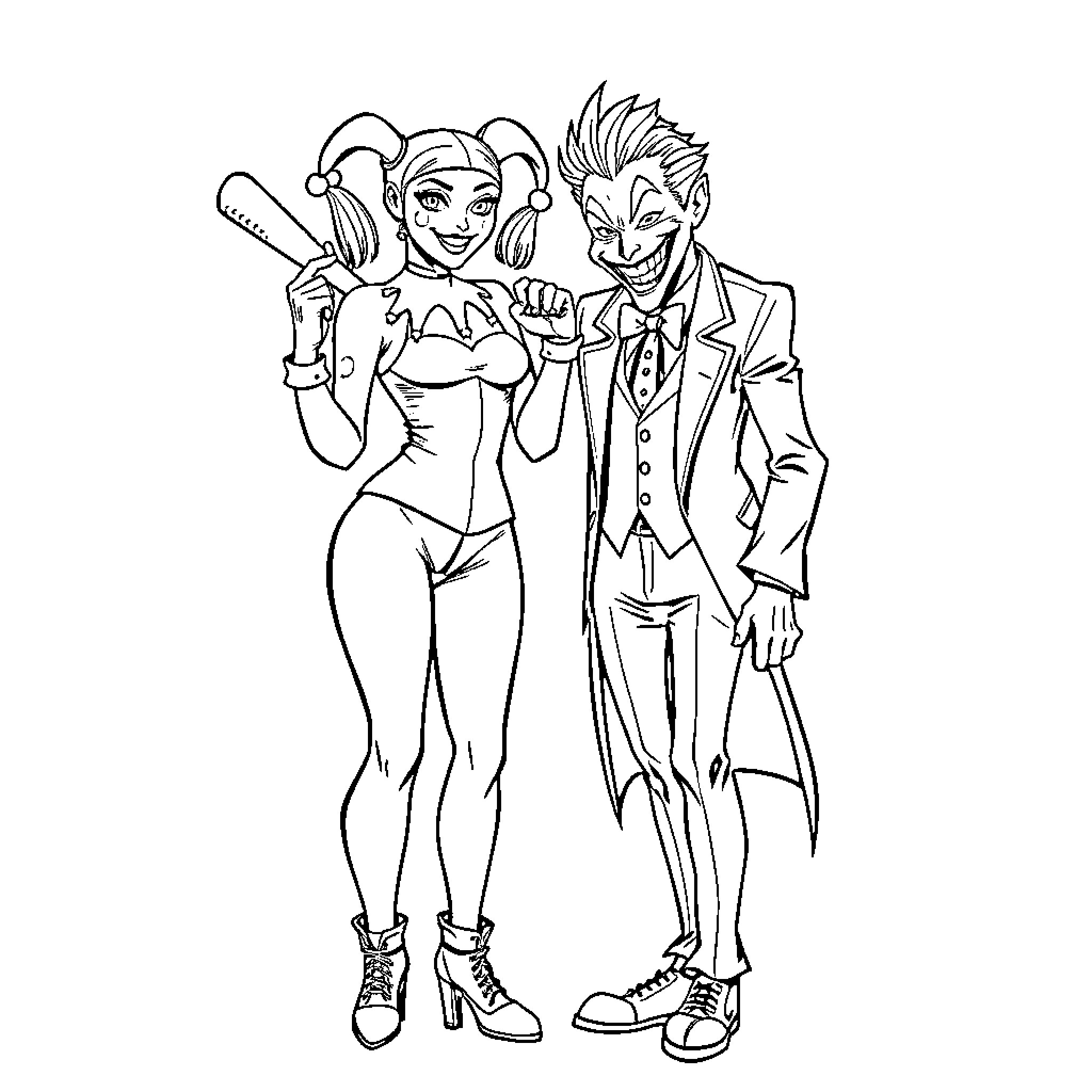 Harley Quinn and the Joker in mischievous poses Coloring Page (free black-and-white line drawing printable PDF for all, from beginners to advanced learners, including children, teens, adults, and seniors)