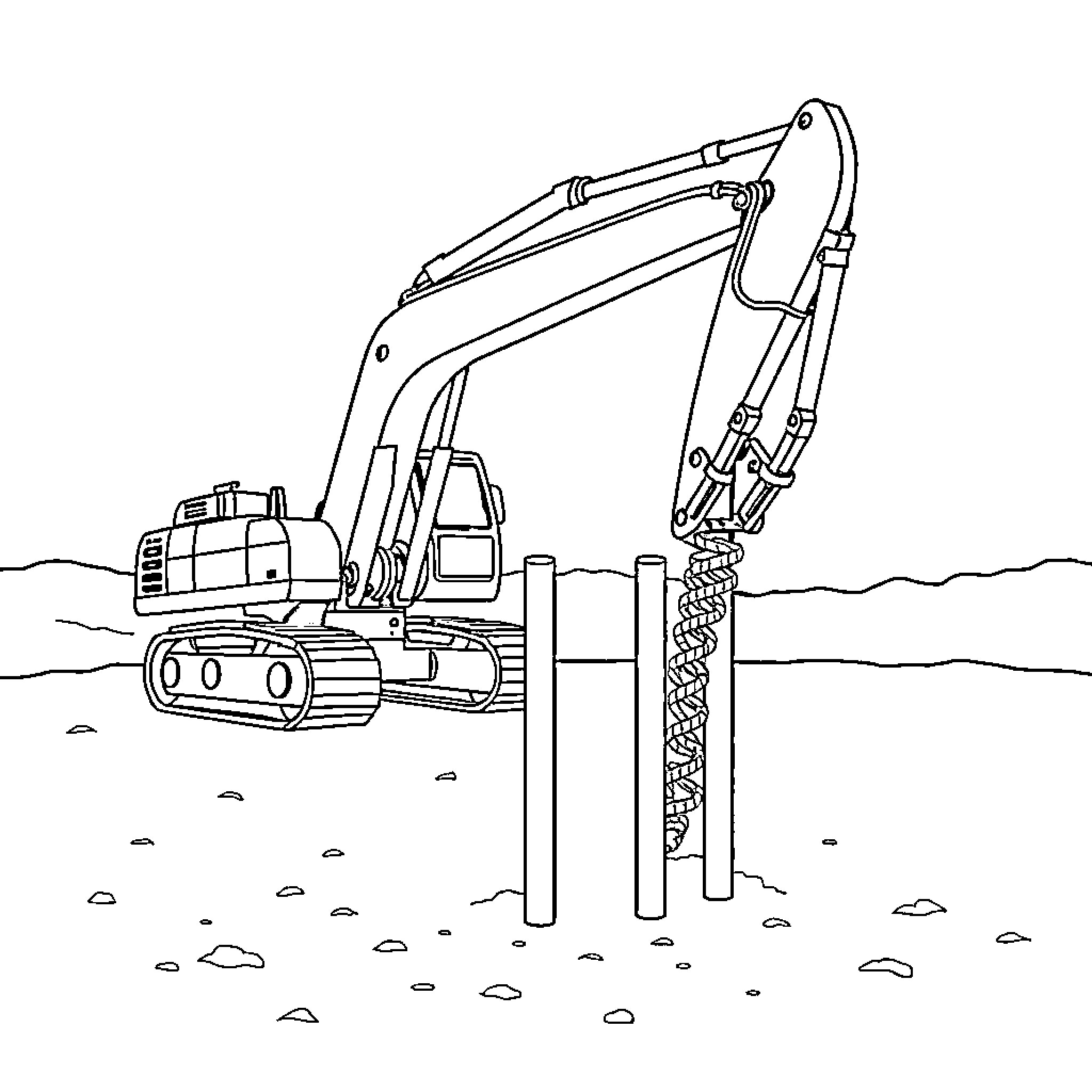 Excavator digging and drilling on construction site Coloring Page (free black-and-white line drawing printable PDF for all, from beginners to advanced learners, including children, teens, adults, and seniors)