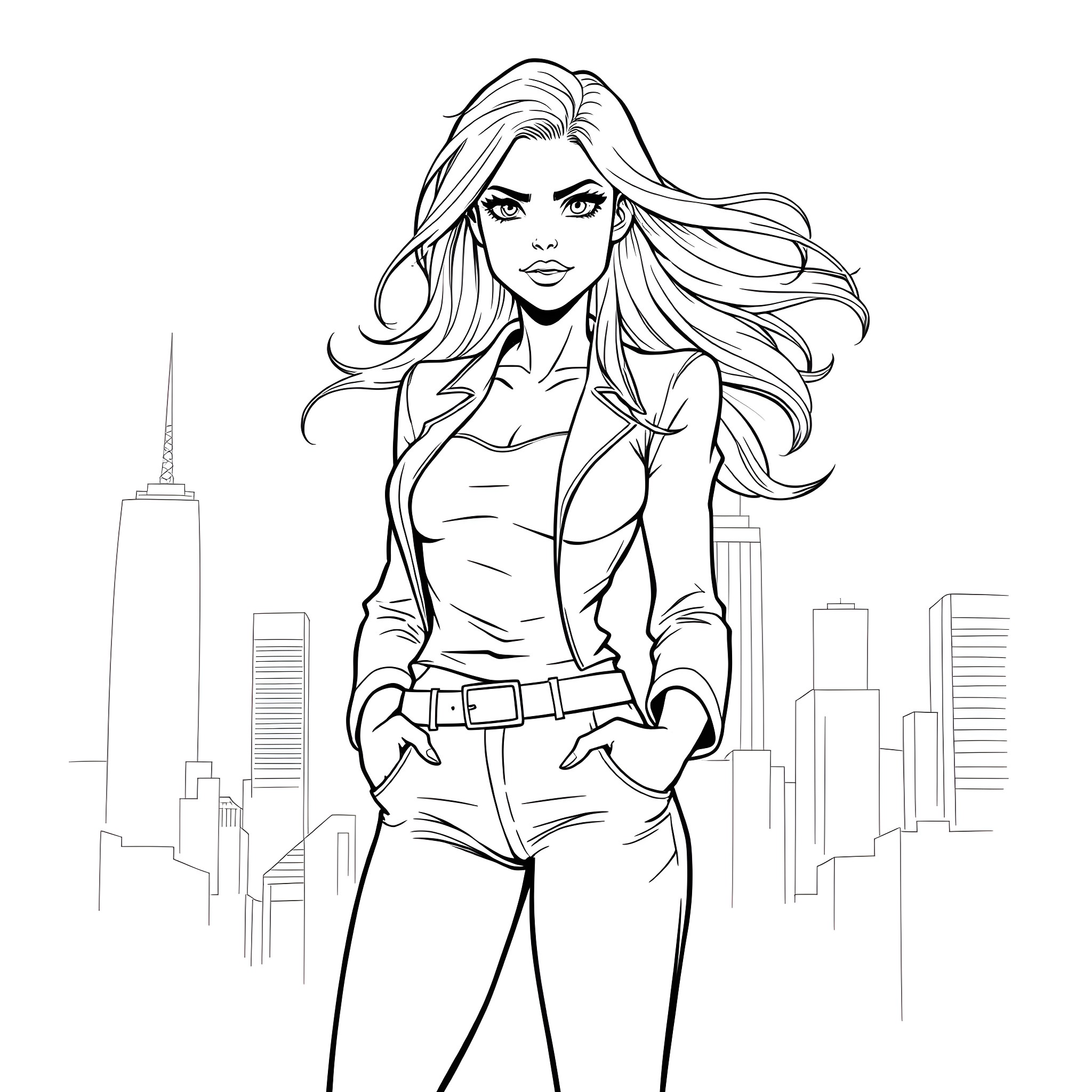 Gwen Stacey standing confidently in the city Coloring Page (free black-and-white line drawing printable PDF for all, from beginners to advanced learners, including children, teens, adults, and seniors)
