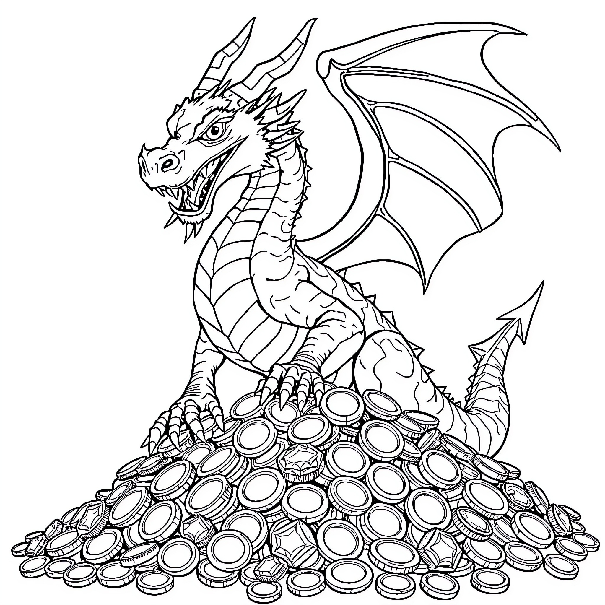 Dragon Guarding a Treasure Hoard Coloring Page (free black-and-white line drawing printable PDF for all, from beginners to advanced learners, including children, teens, adults, and seniors)