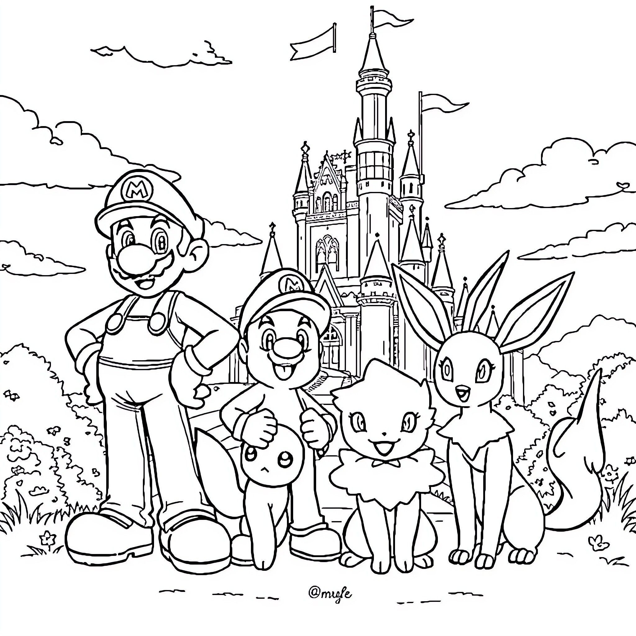 Mario and friends explore magical castle and nature Coloring Page (free black-and-white line drawing printable PDF for all, from beginners to advanced learners, including children, teens, adults, and seniors)