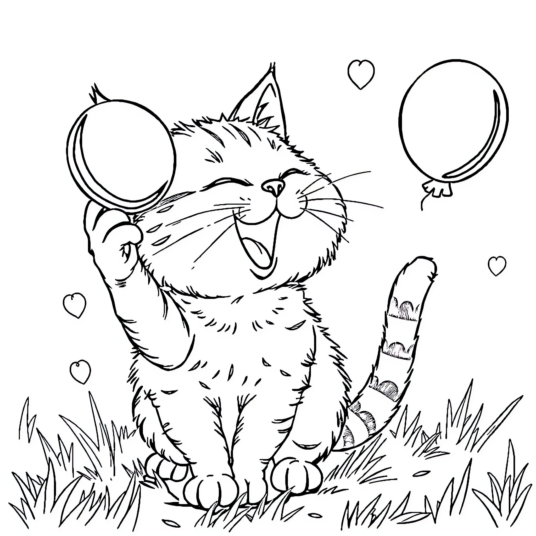 Cat playing with balloons in a field Coloring Page (free black-and-white line drawing printable PDF for all, from beginners to advanced learners, including children, teens, adults, and seniors)