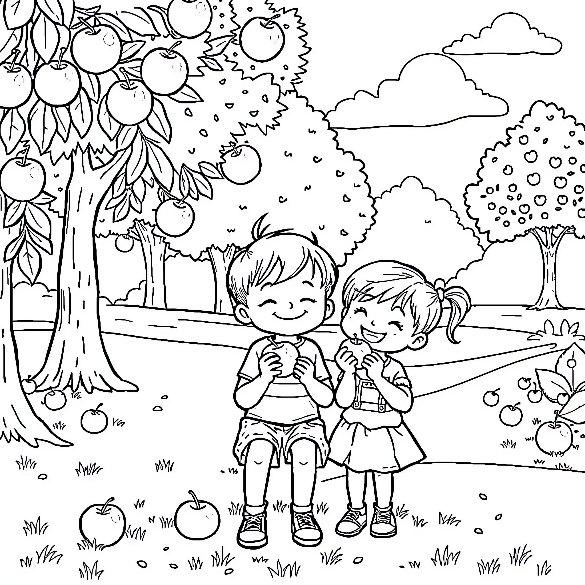 Apple Orchard Adventure Coloring Page (free black-and-white line drawing printable PDF for all, from beginners to advanced learners, including children, teens, adults, and seniors)