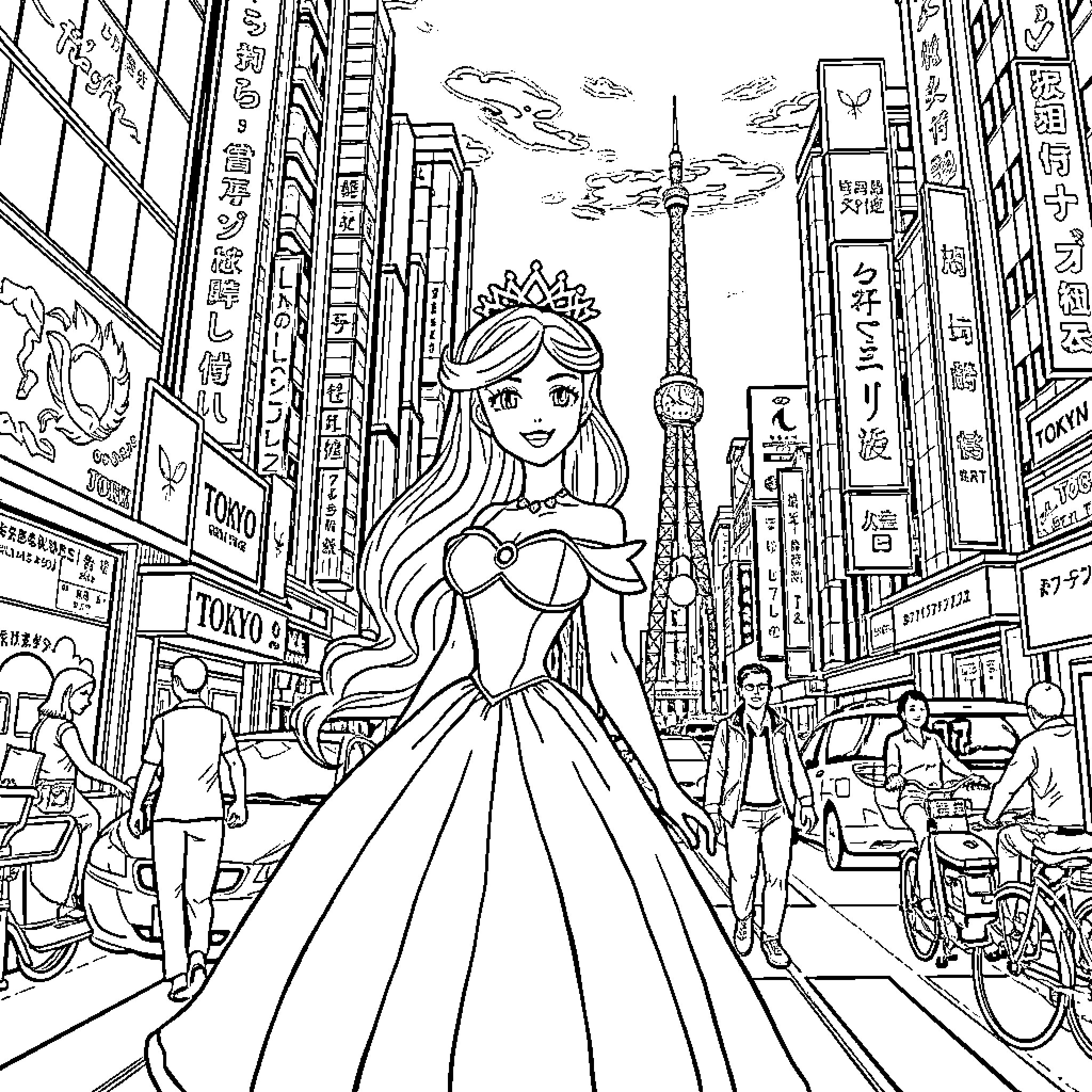 Princess in a Bustling City Metropolis Coloring Page (free black-and-white line drawing printable PDF for all, from beginners to advanced learners, including children, teens, adults, and seniors)