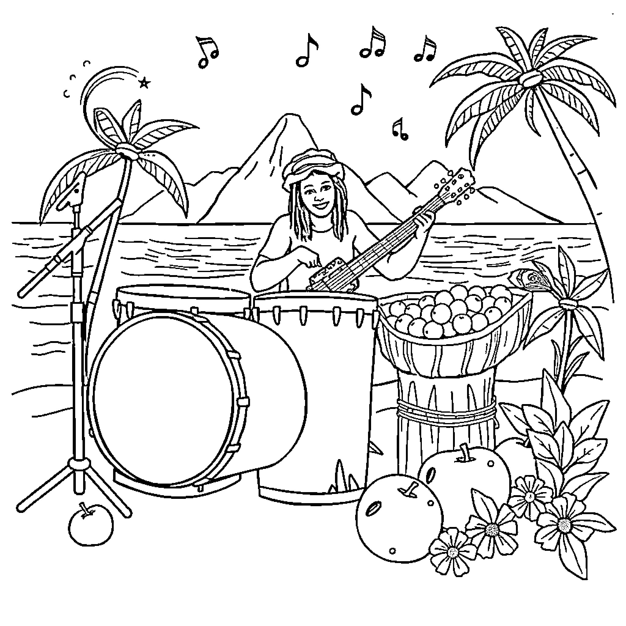 Reggae music scene with performer and tropical landscape Coloring Page (free black-and-white line drawing printable PDF for all, from beginners to advanced learners, including children, teens, adults, and seniors)