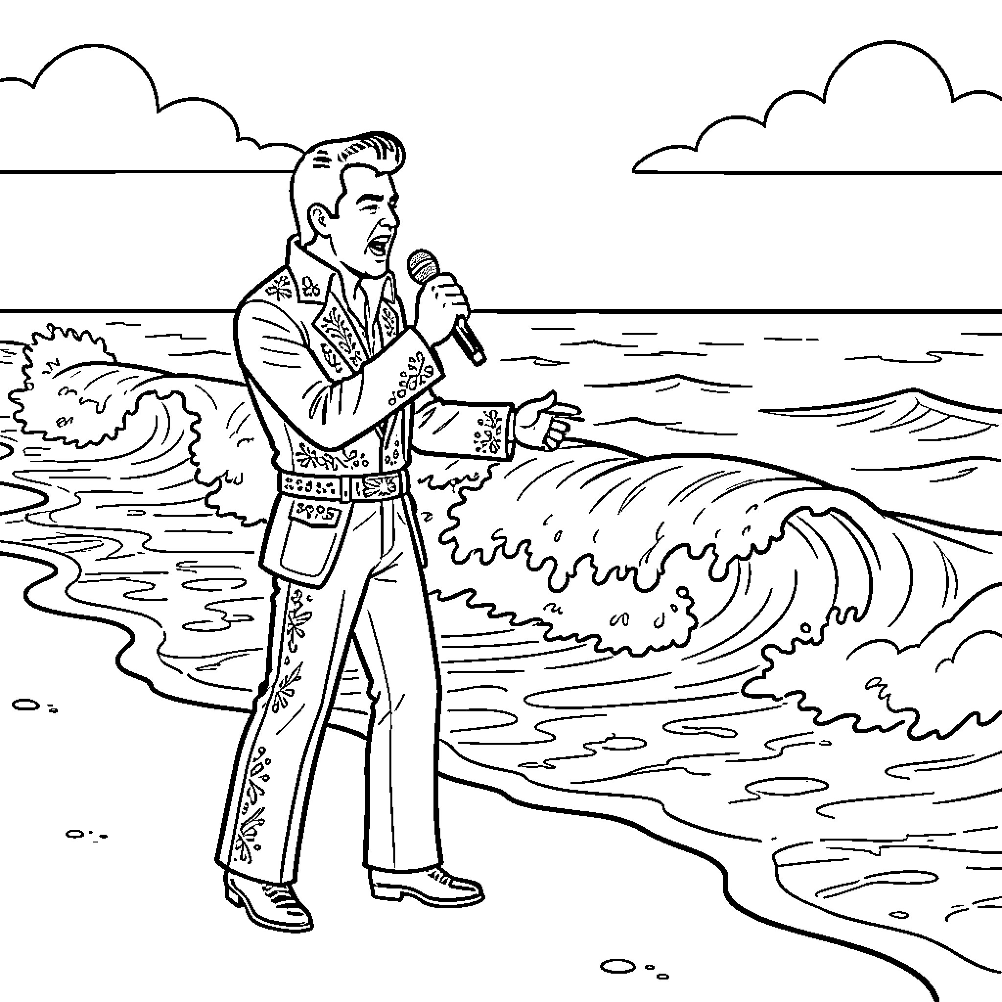 Elvis singing passionately on a beach by the ocean Coloring Page (free black-and-white line drawing printable PDF for all, from beginners to advanced learners, including children, teens, adults, and seniors)