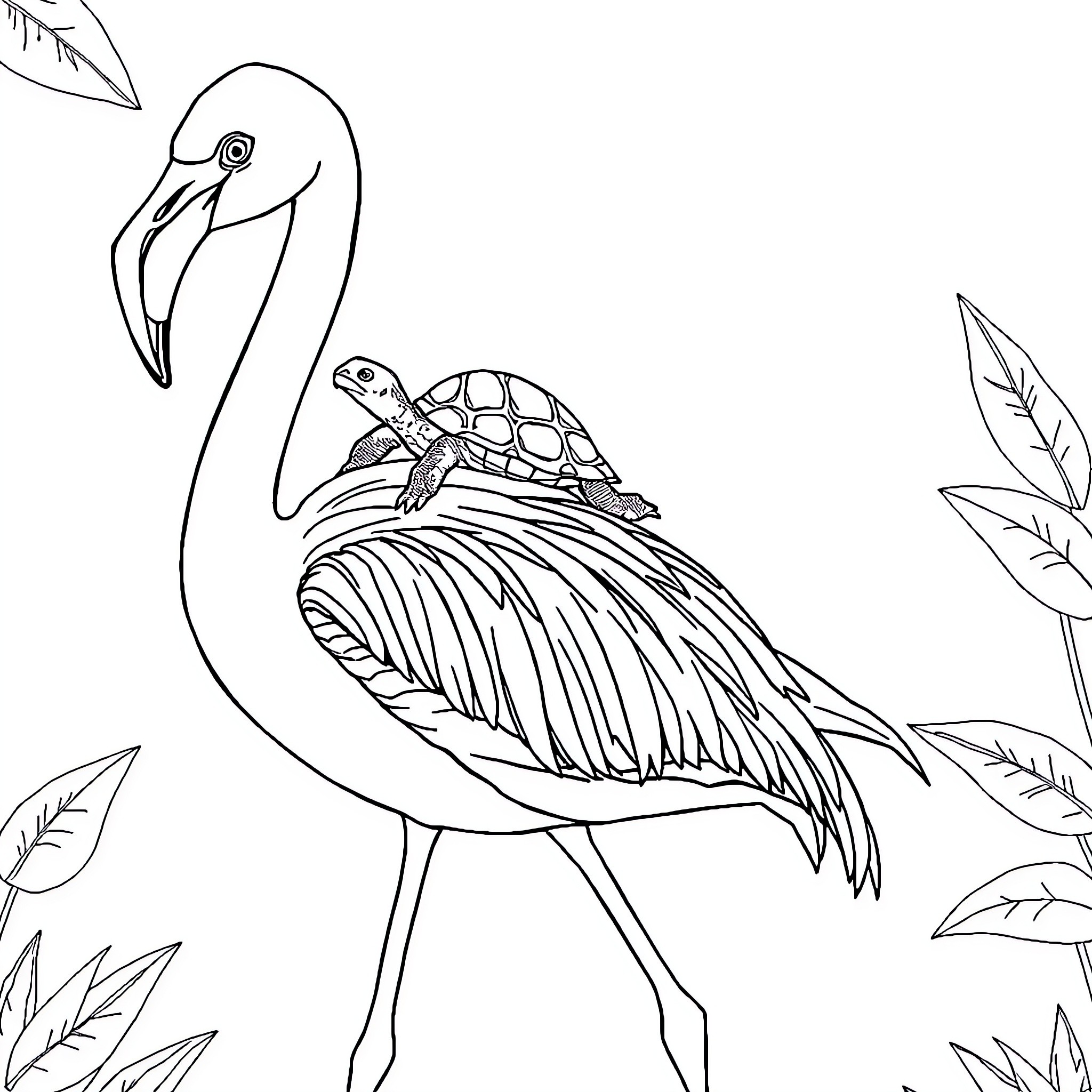Turtle and exotic bird in tranquil nature Coloring Page (free black-and-white line drawing printable PDF for all, from beginners to advanced learners, including children, teens, adults, and seniors)