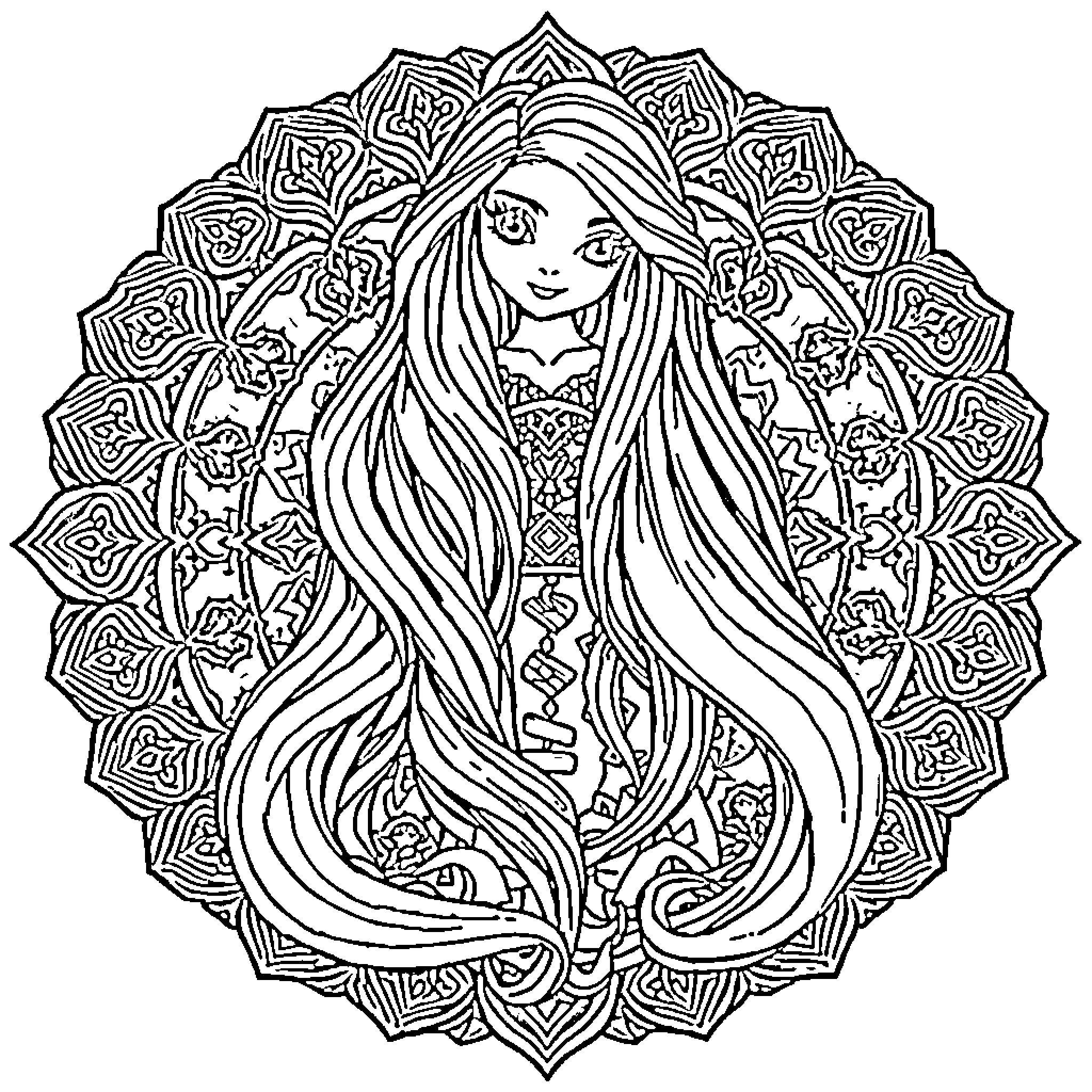 Rapunzel's enchanting expression in a magical mandala Coloring Page (free black-and-white line drawing printable PDF for all, from beginners to advanced learners, including children, teens, adults, and seniors)