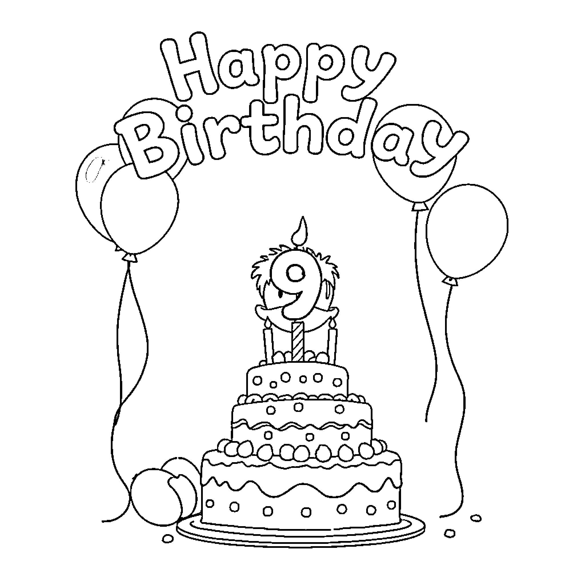 Boy celebrating 9th birthday with cake and balloons Coloring Page (free black-and-white line drawing printable PDF for all, from beginners to advanced learners, including children, teens, adults, and seniors)