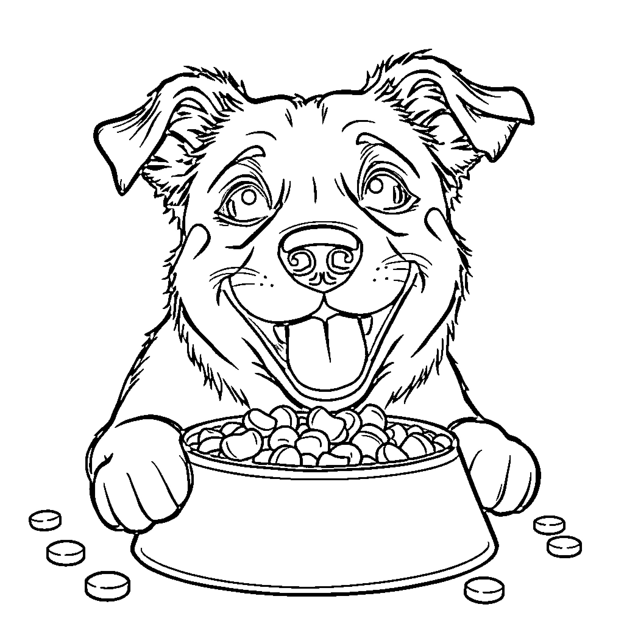 Dog enjoying a delicious meal Coloring Page (free black-and-white line drawing printable PDF for all, from beginners to advanced learners, including children, teens, adults, and seniors)