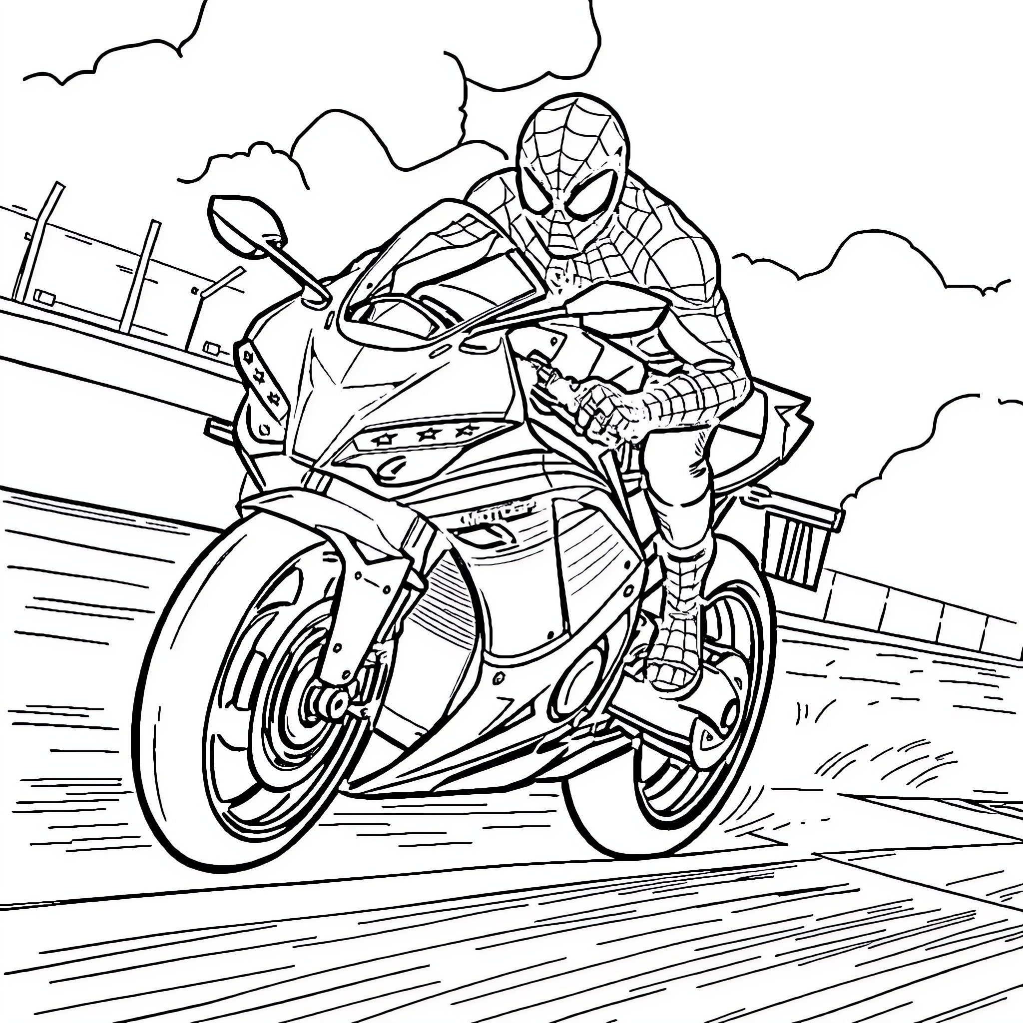 Spider-Man riding a high-speed motorcycle Coloring Page (free black-and-white line drawing printable PDF for all, from beginners to advanced learners, including children, teens, adults, and seniors)