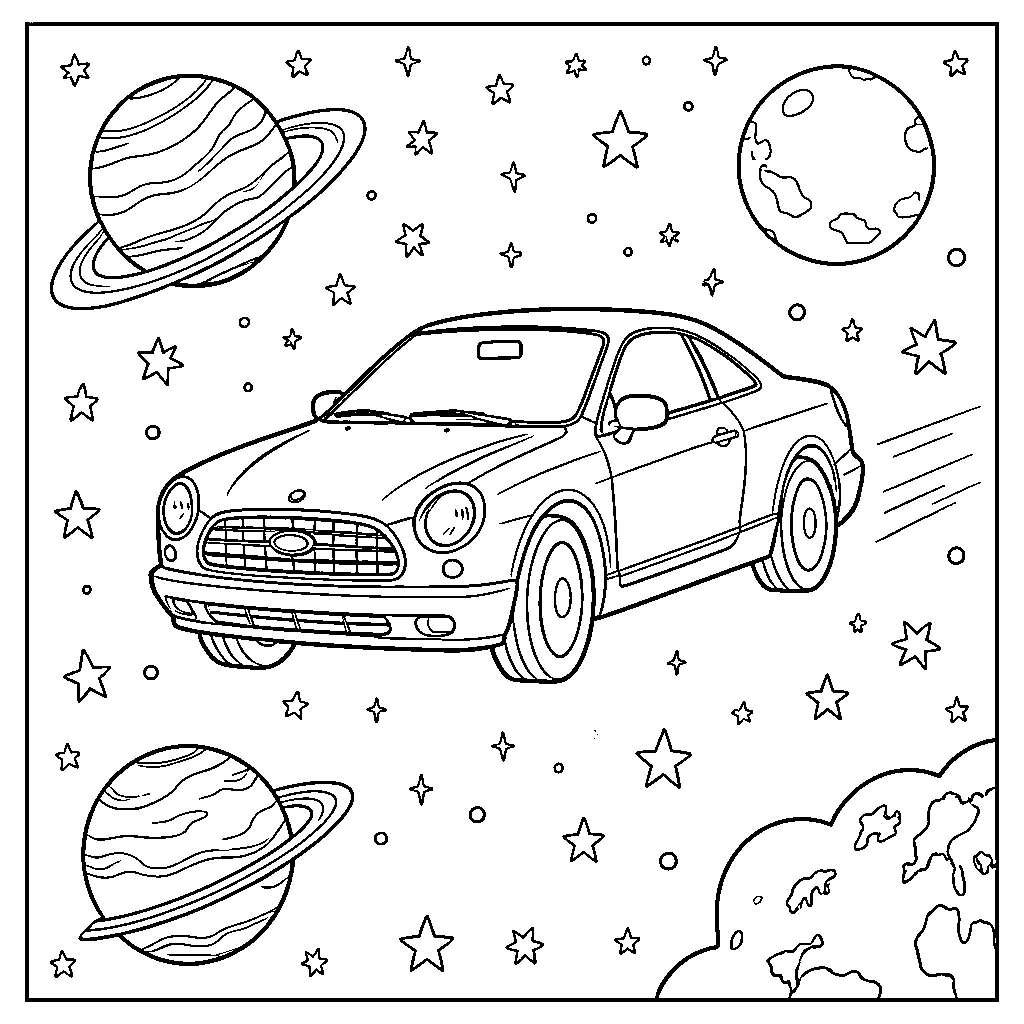 Car traveling through a starry outer space scene Coloring Page (free black-and-white line drawing printable PDF for all, from beginners to advanced learners, including children, teens, adults, and seniors)