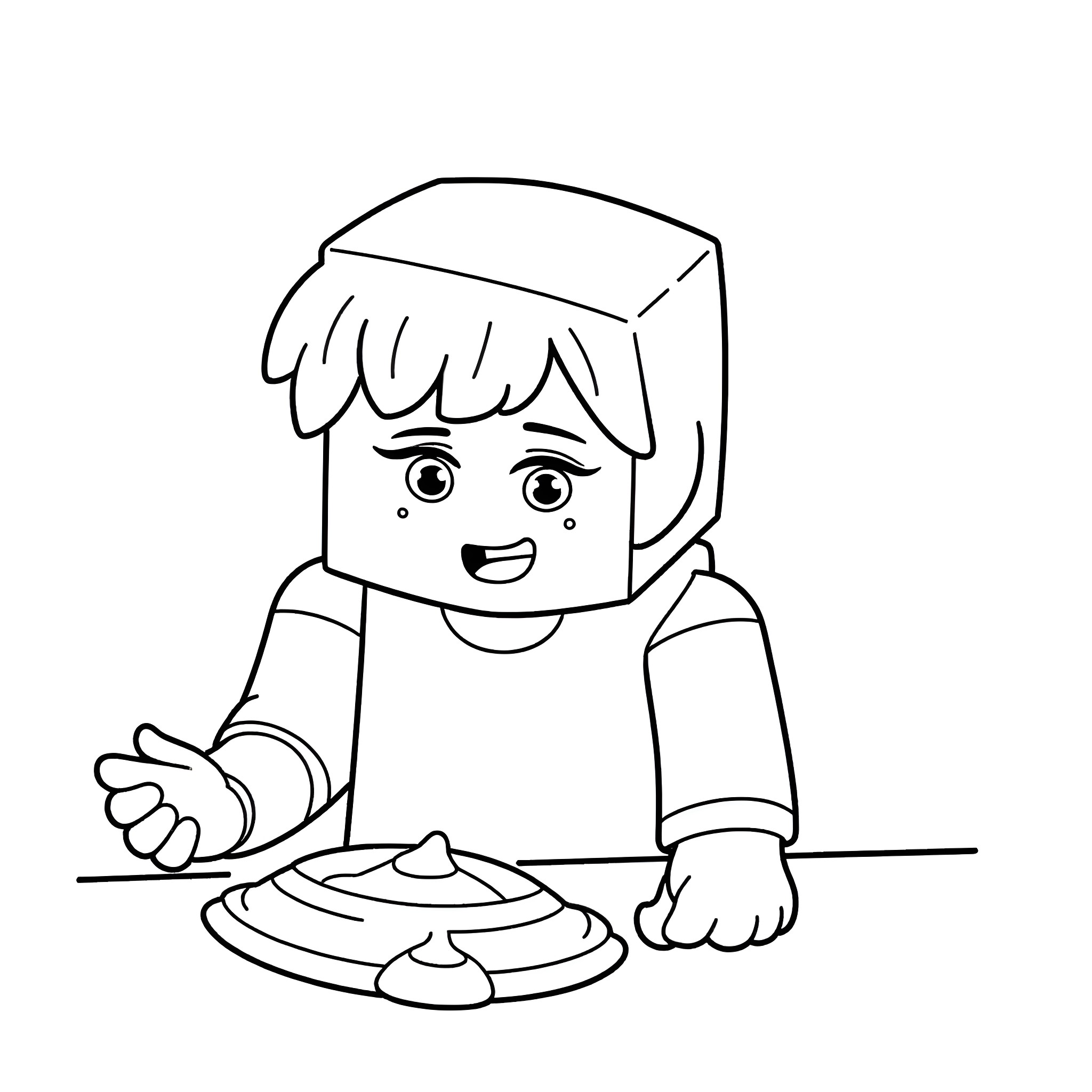 Minecraft Steve eating a meal at the table Coloring Page (free black-and-white line drawing printable PDF for all, from beginners to advanced learners, including children, teens, adults, and seniors)