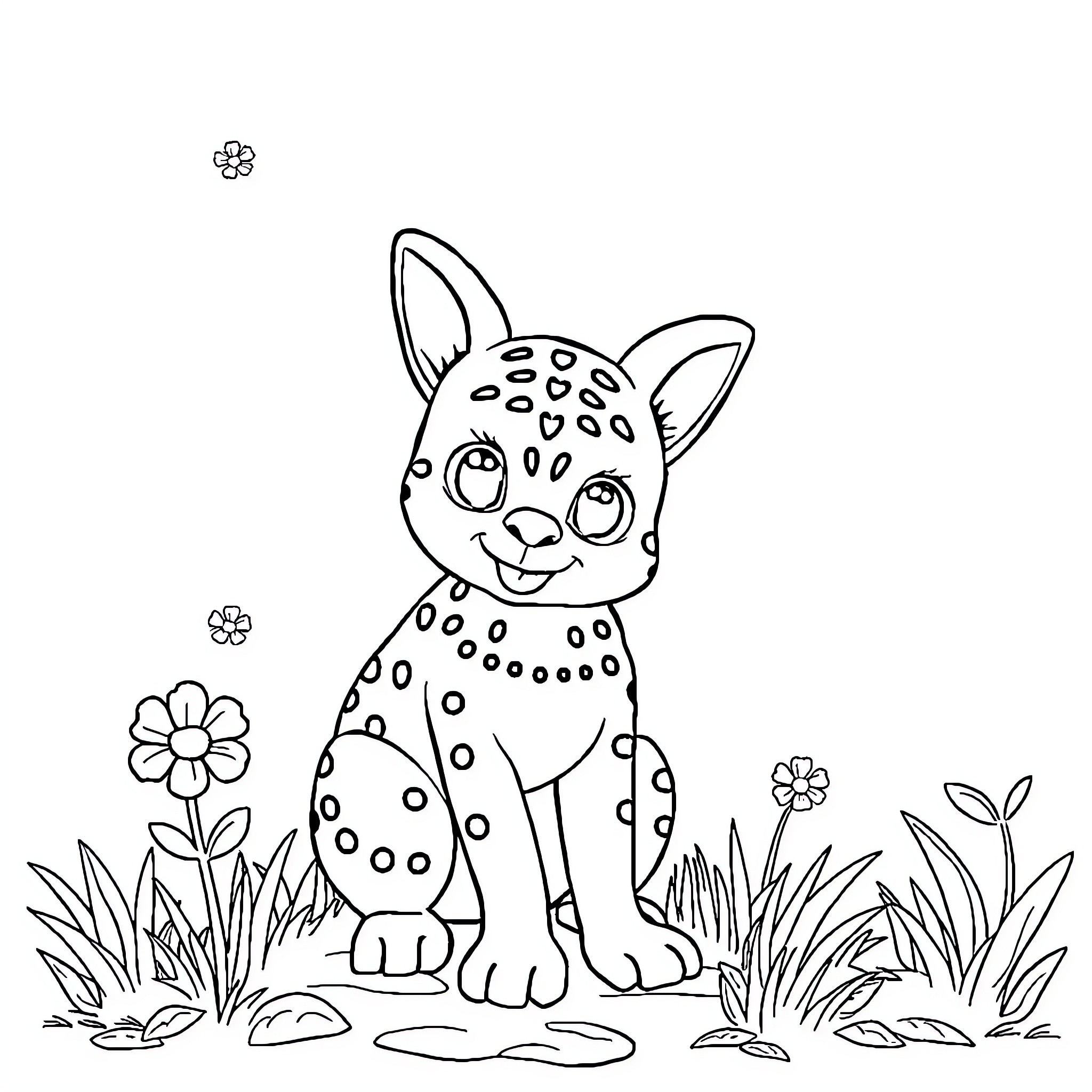 Easy Spotted Cute Puppy in Flower Garden Coloring Page (free black-and-white line drawing printable PDF for all, from beginners to advanced learners, including children, teens, adults, and seniors)