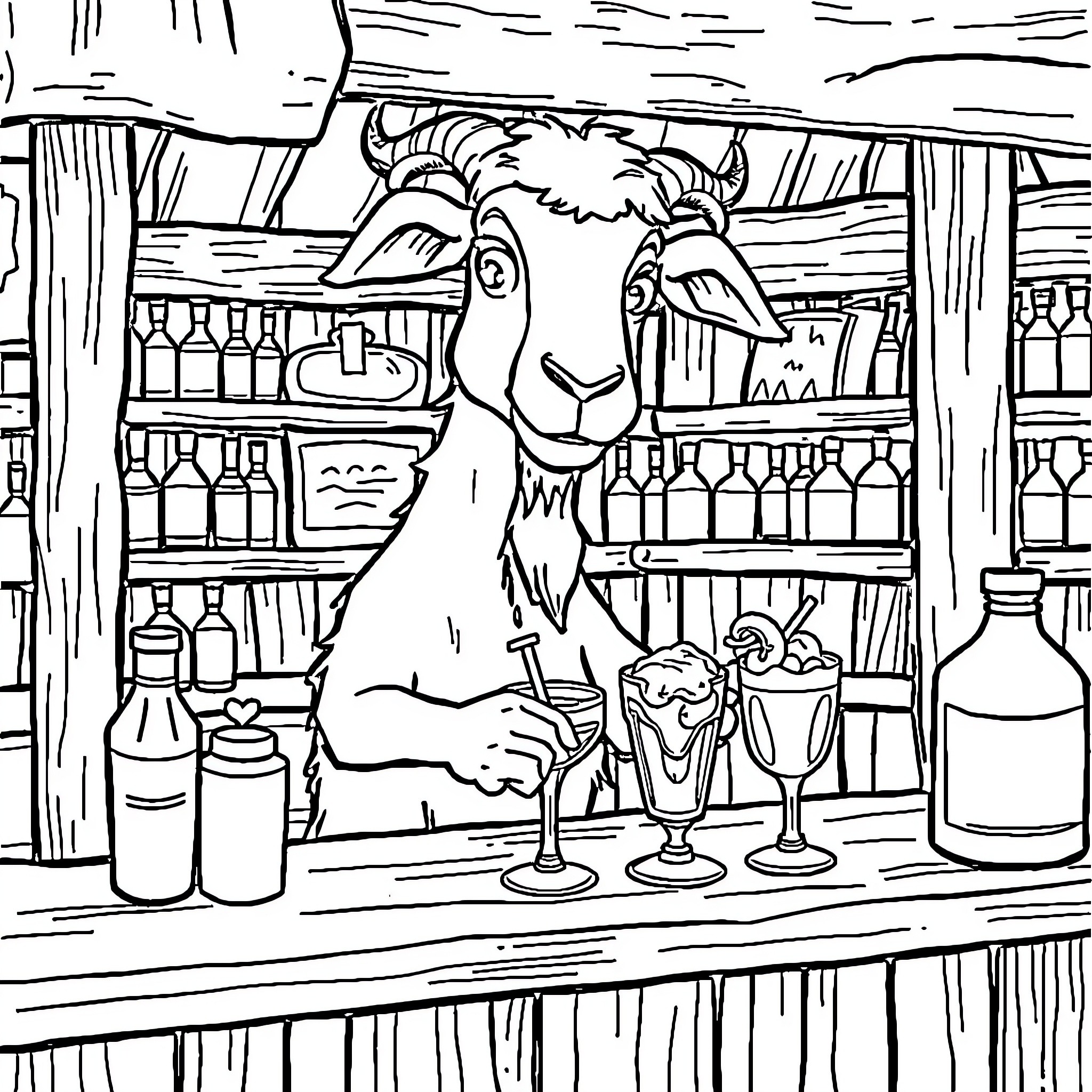 Goat tending the bar in a rustic tavern Coloring Page (free black-and-white line drawing printable PDF for all, from beginners to advanced learners, including children, teens, adults, and seniors)