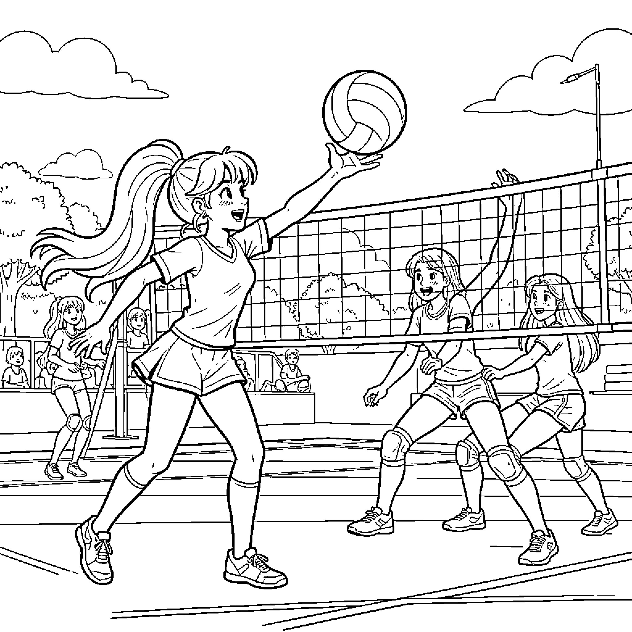 My Melody character playing a volleyball match Coloring Page (free black-and-white line drawing printable PDF for all, from beginners to advanced learners, including children, teens, adults, and seniors)