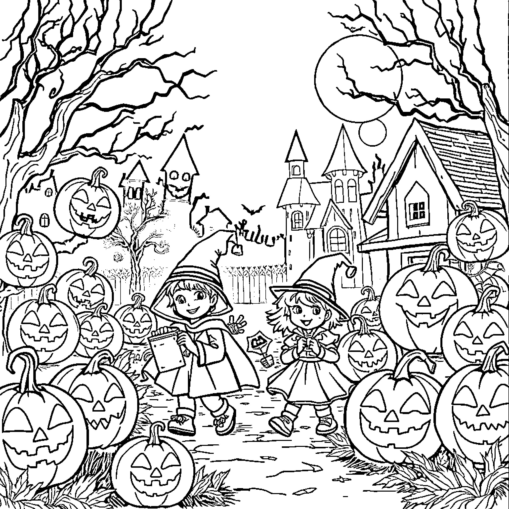 Halloween Festivities and Spooky Scenes Coloring Page (free black-and-white line drawing printable PDF for all, from beginners to advanced learners, including children, teens, adults, and seniors)