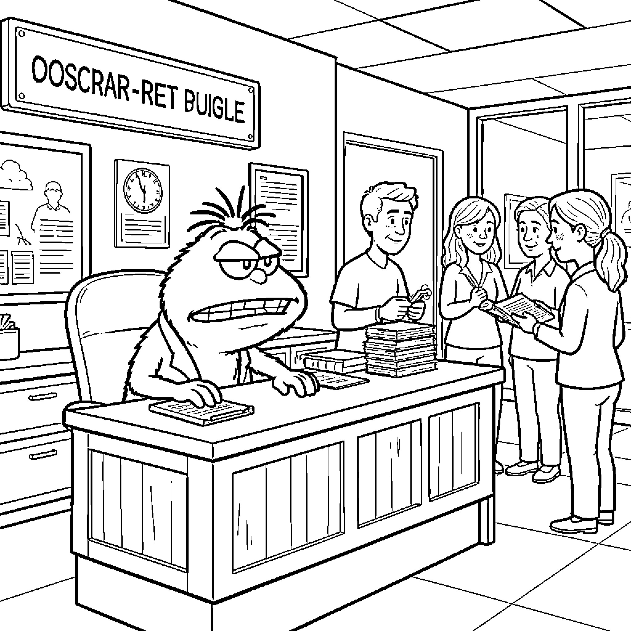 Oscar working at a busy office desk Coloring Page (free black-and-white line drawing printable PDF for all, from beginners to advanced learners, including children, teens, adults, and seniors)