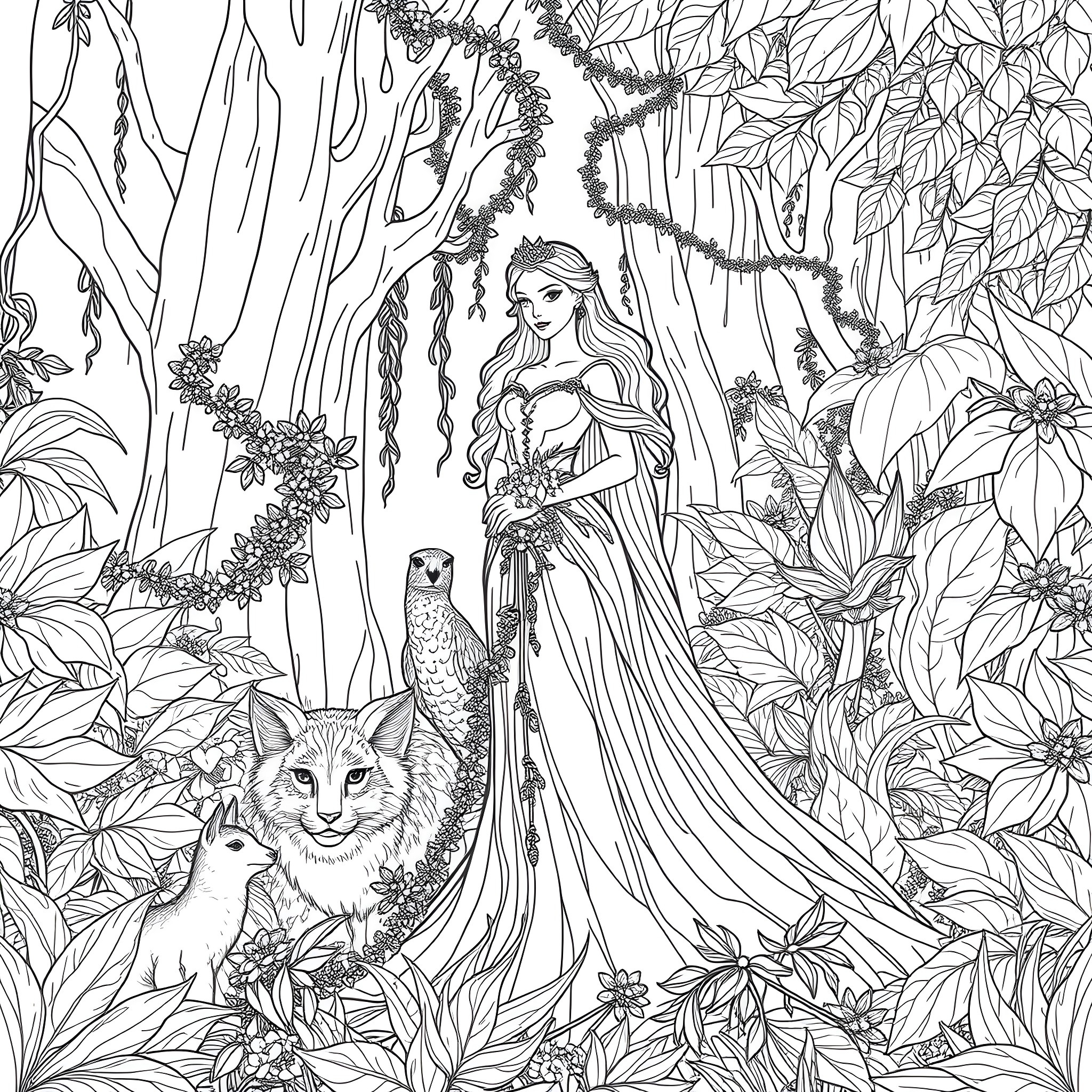 Princess in Enchanted Forest with Wild Animals Coloring Page (free black-and-white line drawing printable PDF for all, from beginners to advanced learners, including children, teens, adults, and seniors)