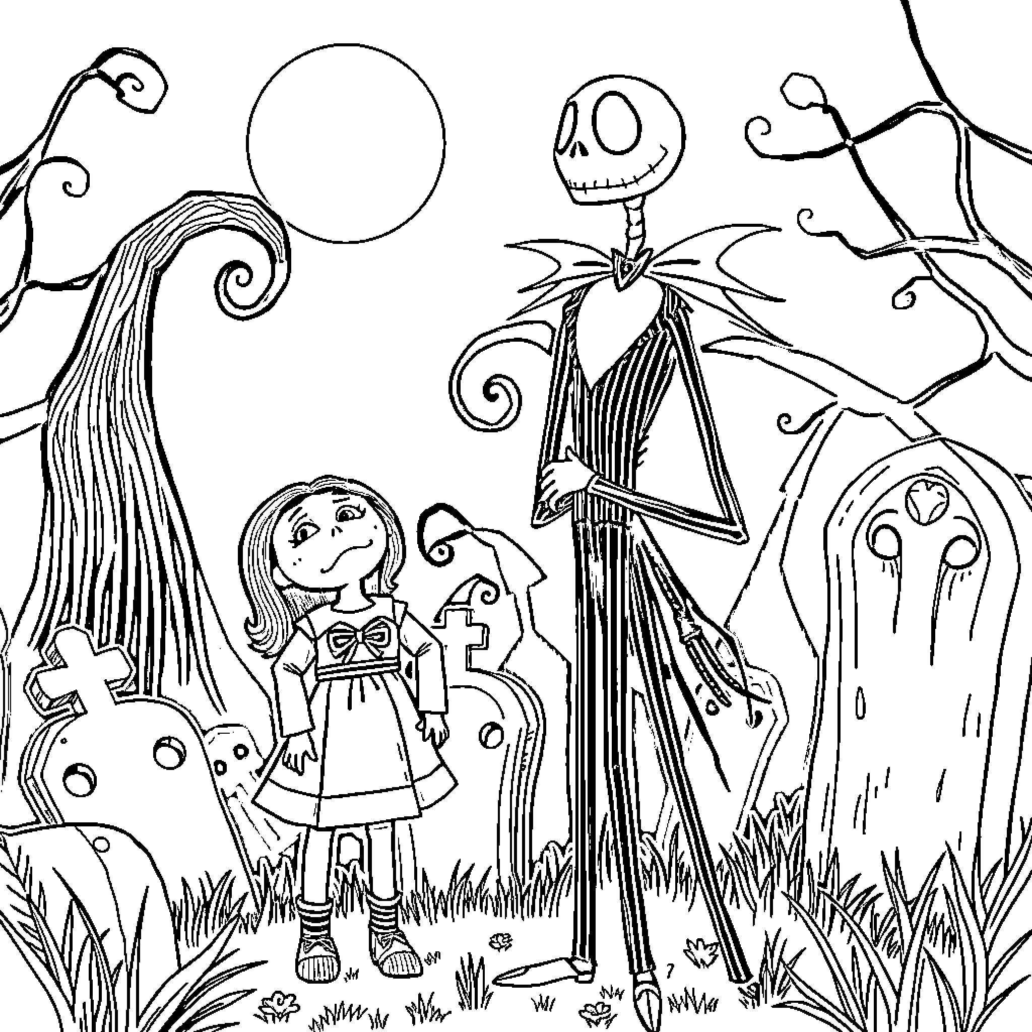 Jack Skeleton and Sally in a Whimsical Nightmare Scene Coloring Page (free black-and-white line drawing printable PDF for all, from beginners to advanced learners, including children, teens, adults, and seniors)