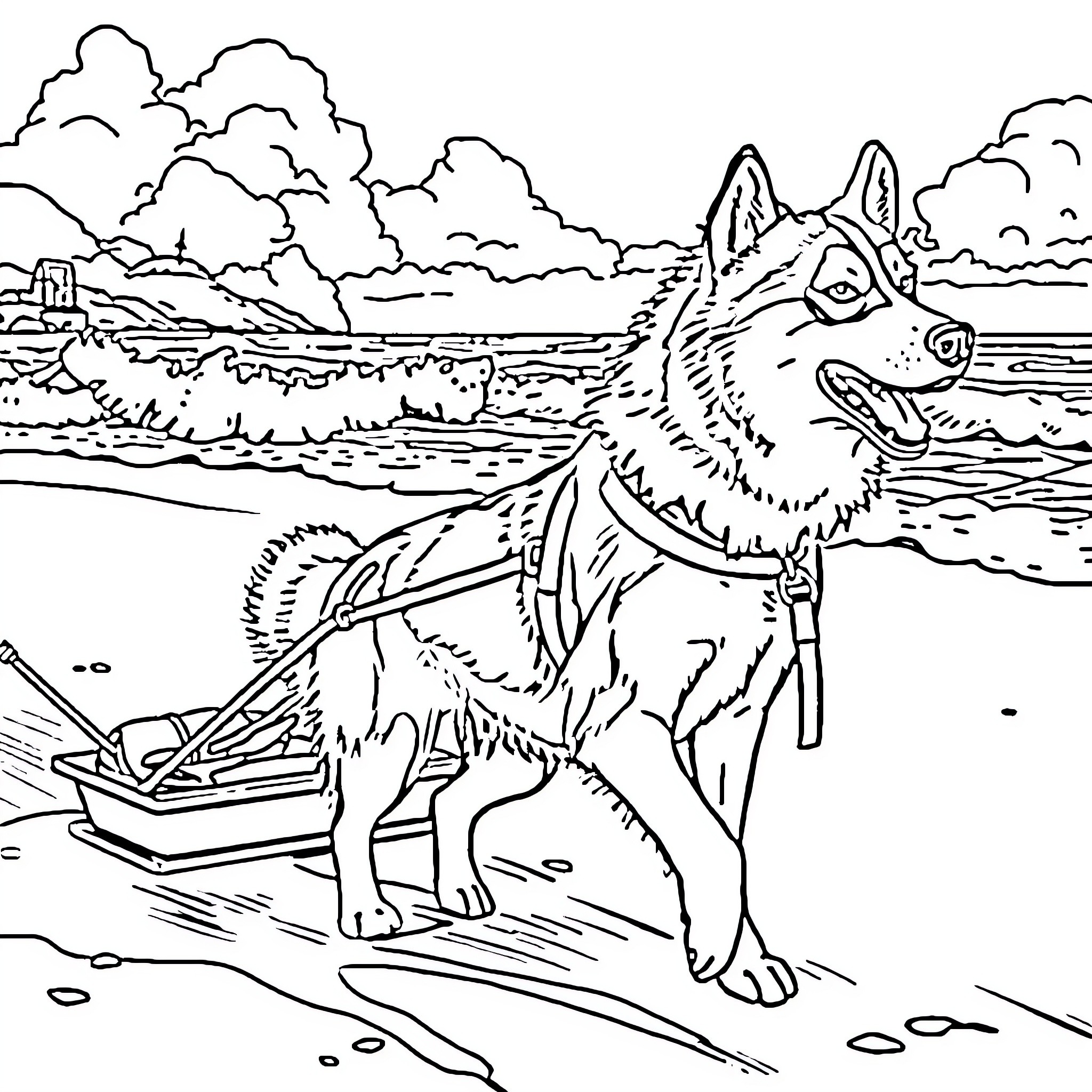 Husky playing on the beach with boat Coloring Page (free black-and-white line drawing printable PDF for all, from beginners to advanced learners, including children, teens, adults, and seniors)