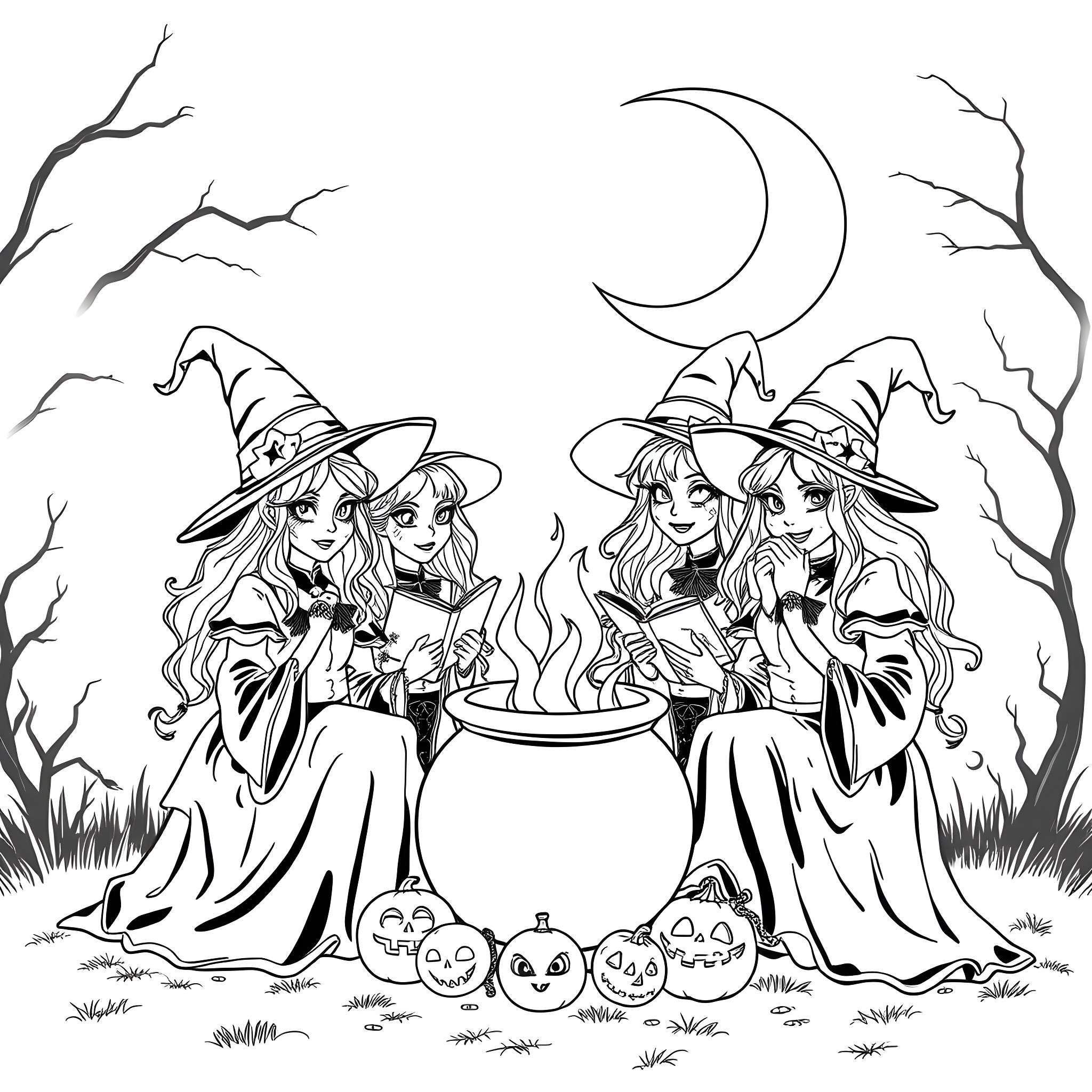 Sanderson Sisters Brewing a Potion Under the Moonlight Coloring Page (free black-and-white line drawing printable PDF for all, from beginners to advanced learners, including children, teens, adults, and seniors)