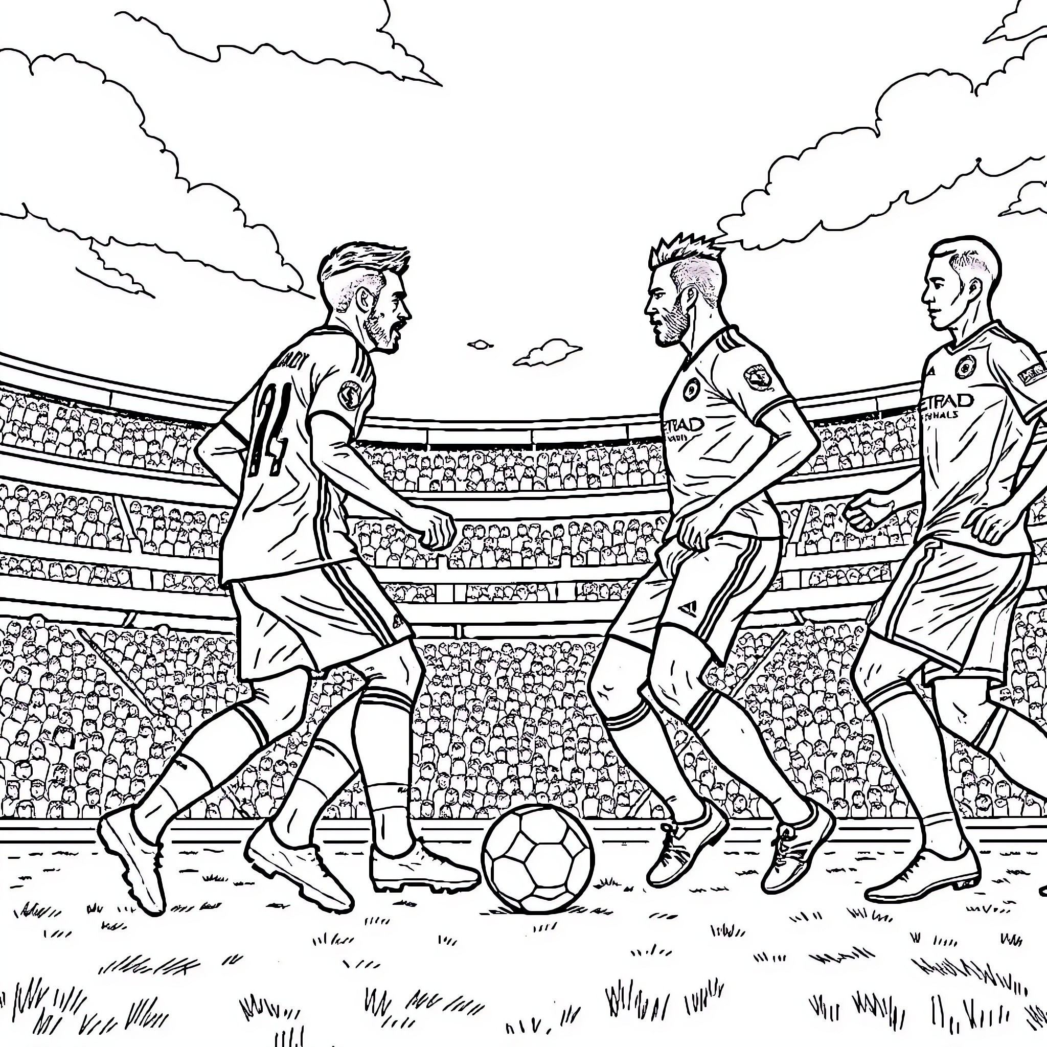 Football players in intense match on field Coloring Page (free black-and-white line drawing printable PDF for all, from beginners to advanced learners, including children, teens, adults, and seniors)
