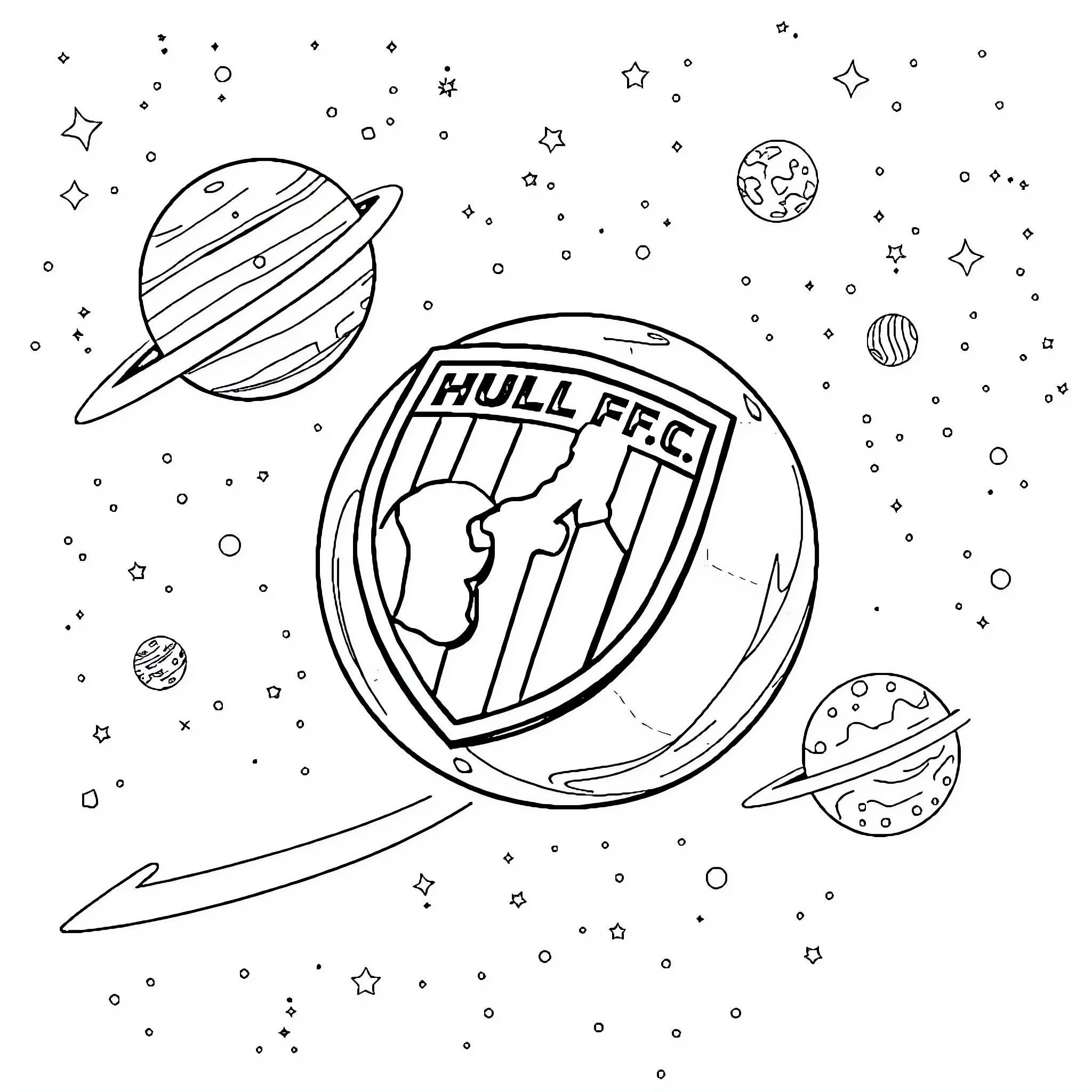 Hull City AFC: Footballers Navigating the Cosmic Realm Coloring Page (free black-and-white line drawing printable PDF for all, from beginners to advanced learners, including children, teens, adults, and seniors)