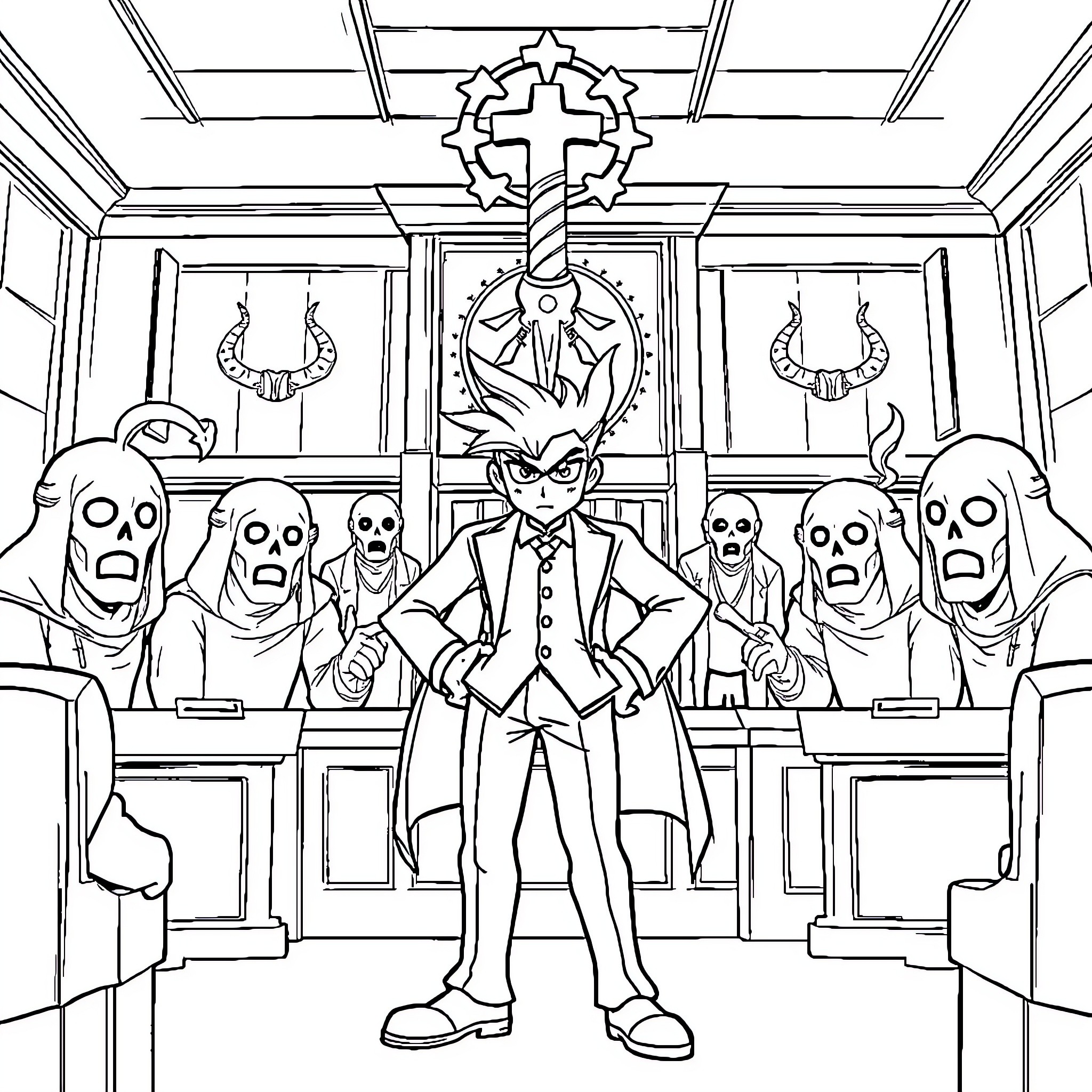 Phoenix Wright Confronts Mysterious Courtroom Characters Coloring Page (free black-and-white line drawing printable PDF for all, from beginners to advanced learners, including children, teens, adults, and seniors)