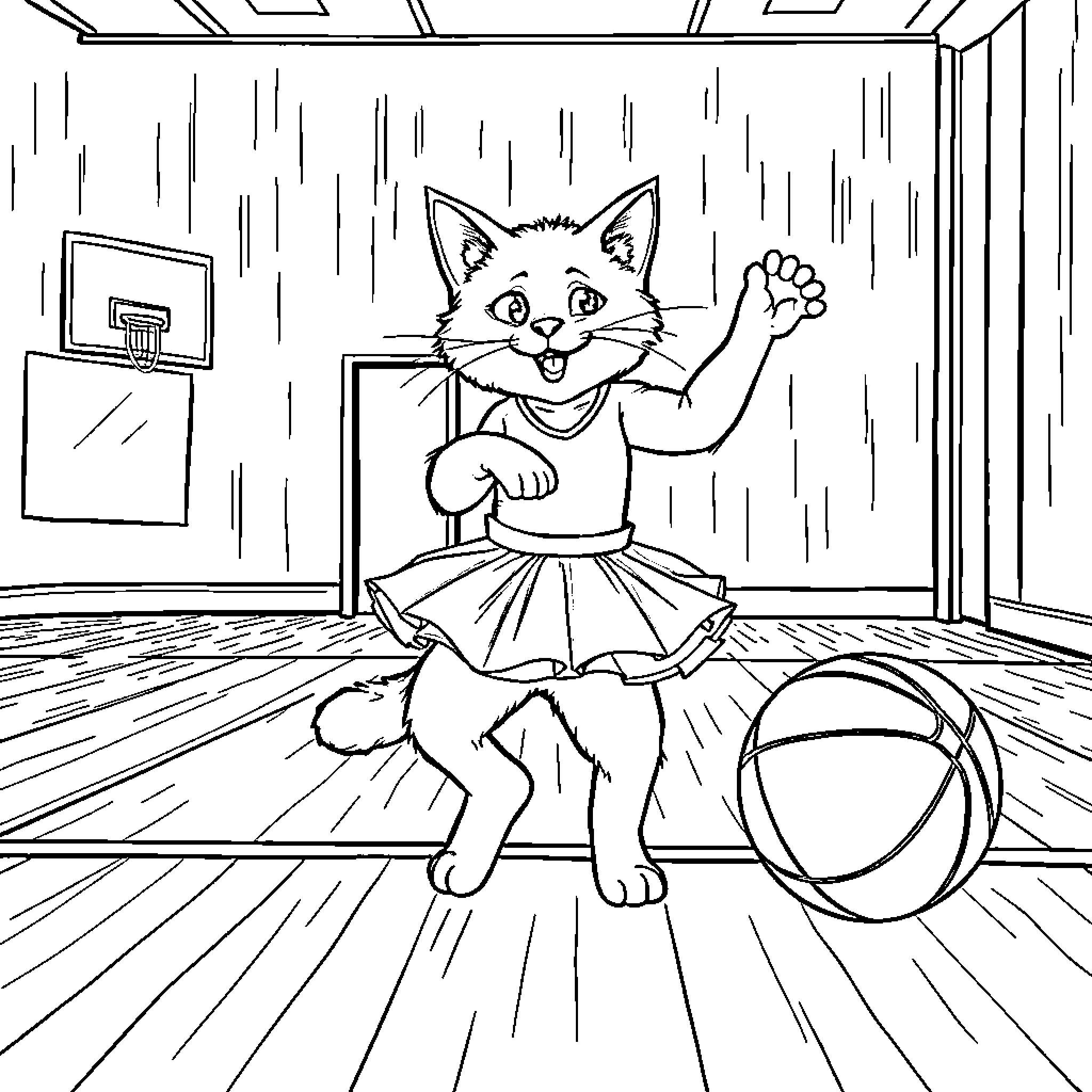 Cat dressed up and playing with ball in gym Coloring Page (free black-and-white line drawing printable PDF for all, from beginners to advanced learners, including children, teens, adults, and seniors)
