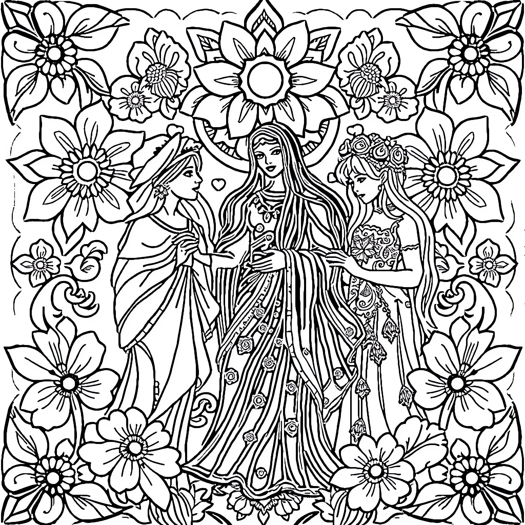 Mandalas with Ornate Floral Imagery and Stylized Female Figures Coloring Page (free black-and-white line drawing printable PDF for all, from beginners to advanced learners, including children, teens, adults, and seniors)