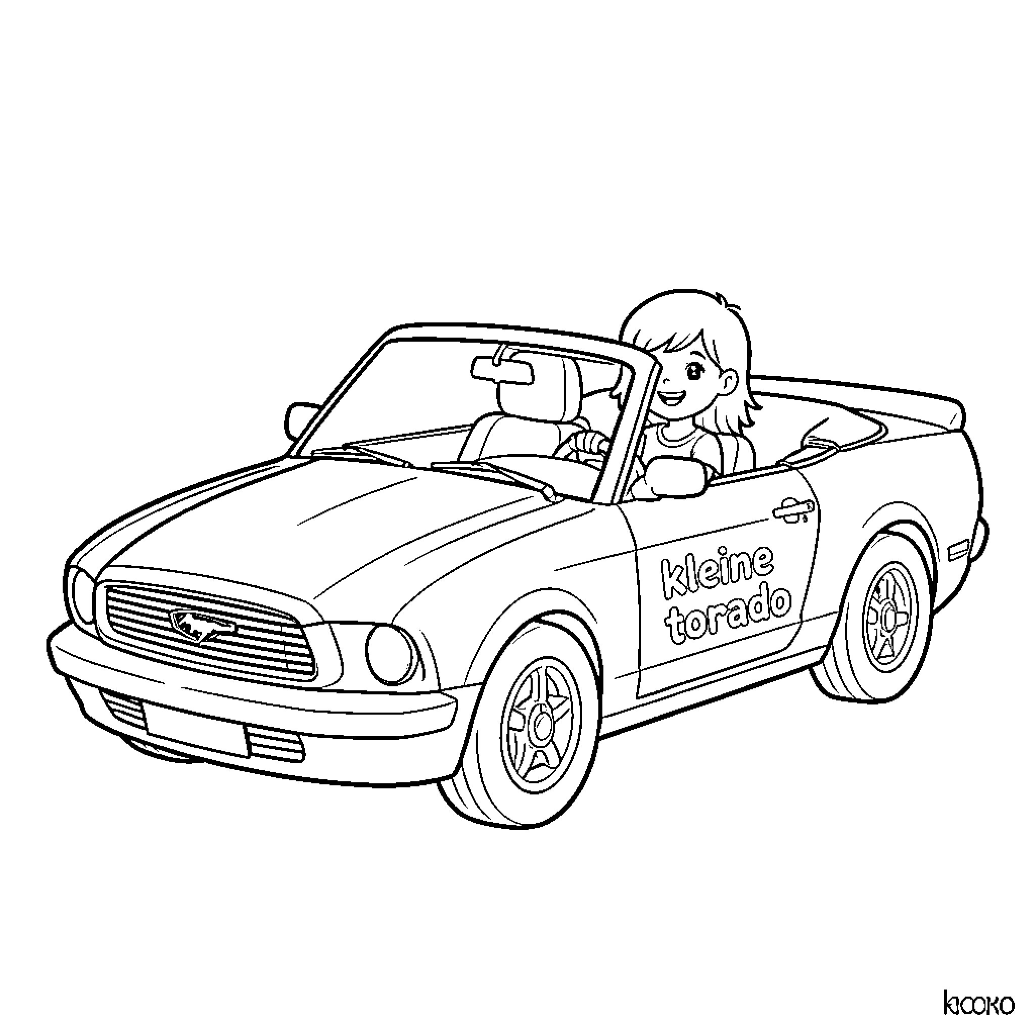 Ford Mustang driven by a smiling young girl Coloring Page (free black-and-white line drawing printable PDF for all, from beginners to advanced learners, including children, teens, adults, and seniors)