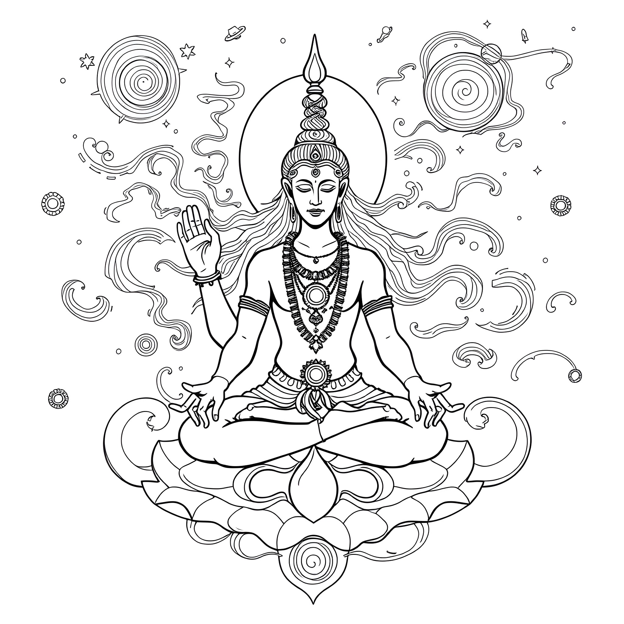 Atman: Meditative Cosmic Deity in Contemplation Coloring Page (free black-and-white line drawing printable PDF for all, from beginners to advanced learners, including children, teens, adults, and seniors)