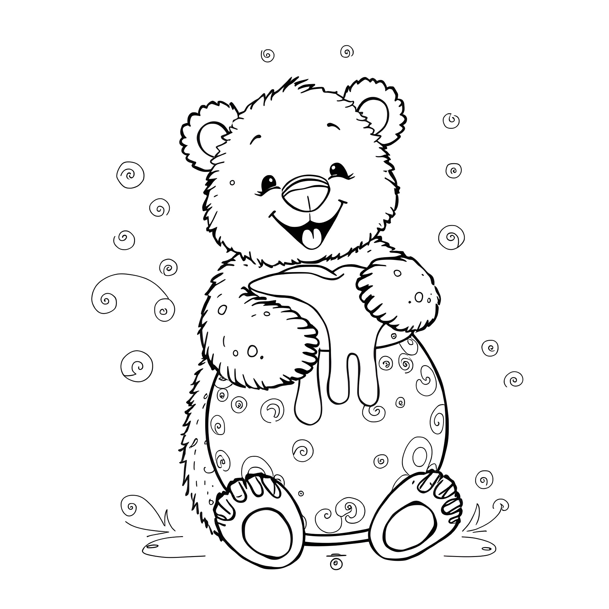 Bear playing with bubbles happily Coloring Page (free black-and-white line drawing printable PDF for all, from beginners to advanced learners, including children, teens, adults, and seniors)