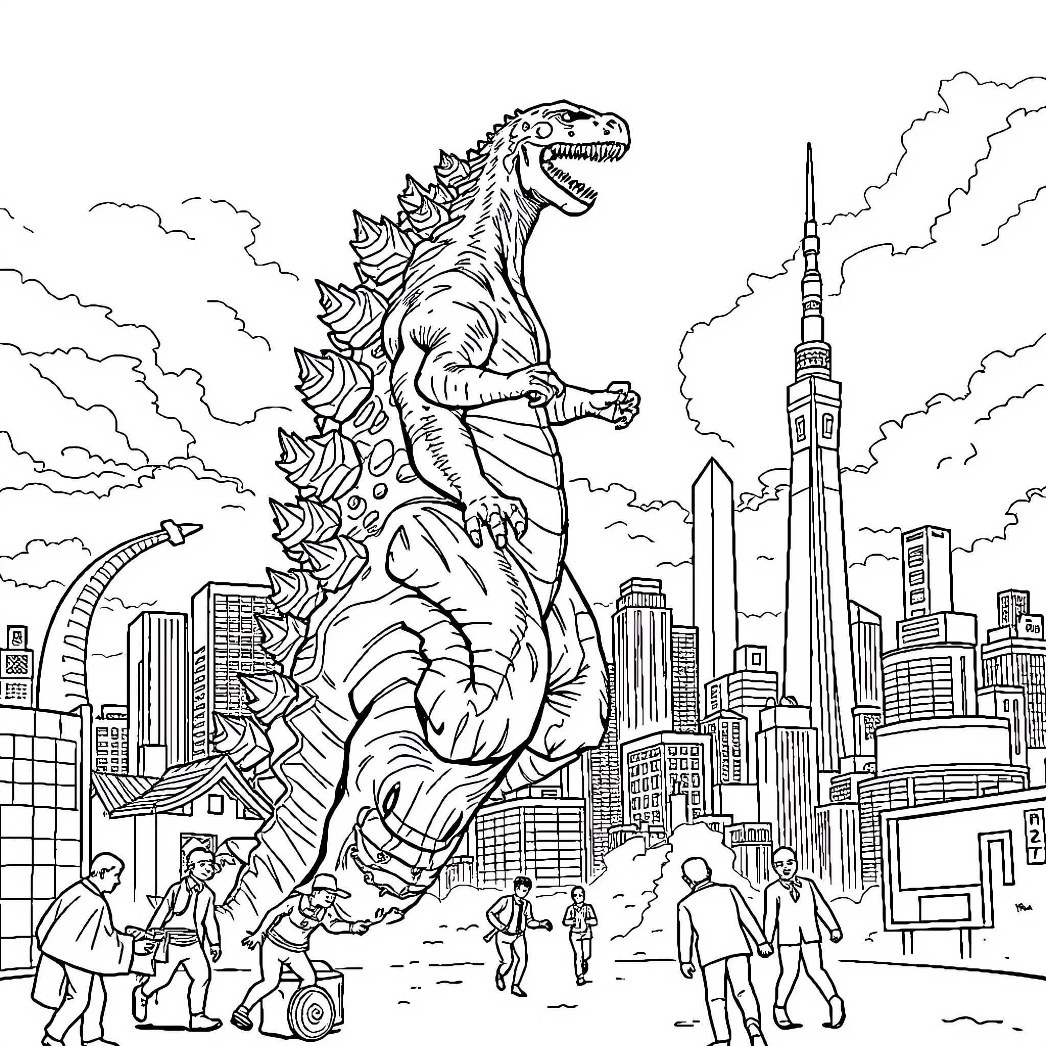 Godzilla Towering Over the City Coloring Page (free black-and-white line drawing printable PDF for all, from beginners to advanced learners, including children, teens, adults, and seniors)