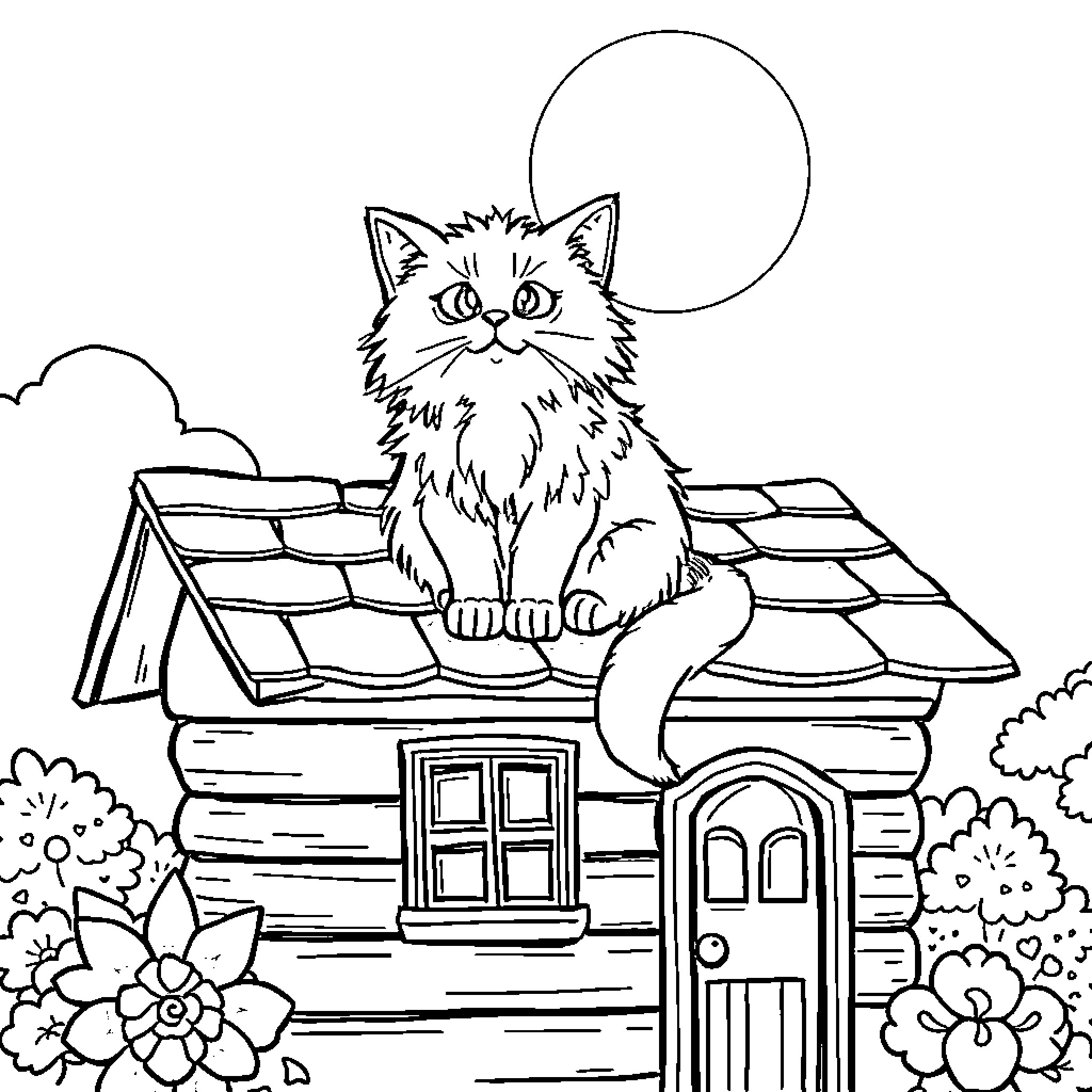 Cat sitting atop a cozy cottage Coloring Page (free black-and-white line drawing printable PDF for all, from beginners to advanced learners, including children, teens, adults, and seniors)