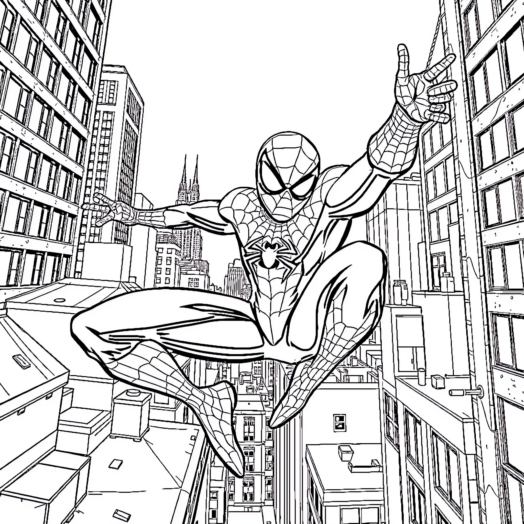 Spider-Man heroically swinging through the city Coloring Page (free black-and-white line drawing printable PDF for all, from beginners to advanced learners, including children, teens, adults, and seniors)