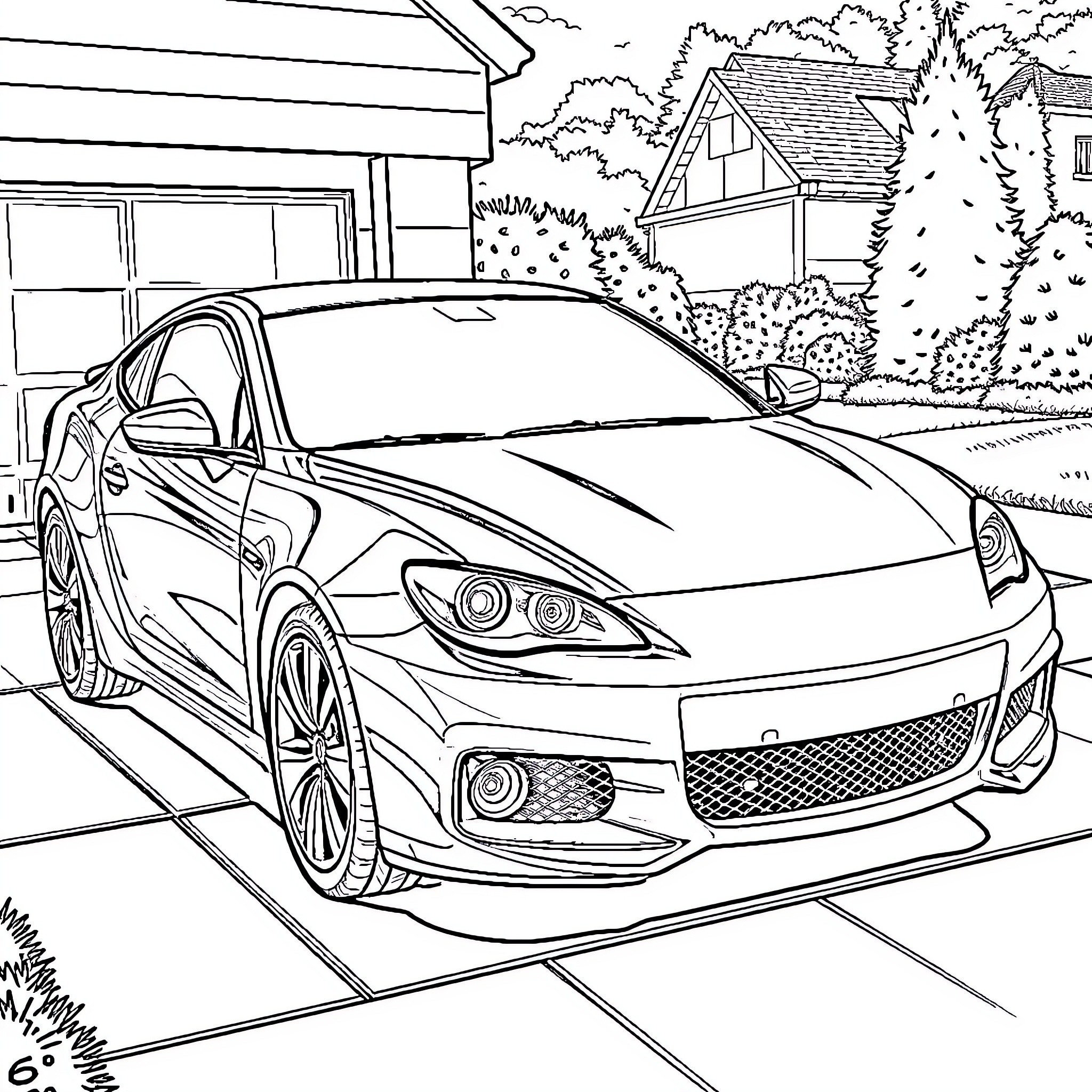 Car parked in front of a house Coloring Page (free black-and-white line drawing printable PDF for all, from beginners to advanced learners, including children, teens, adults, and seniors)