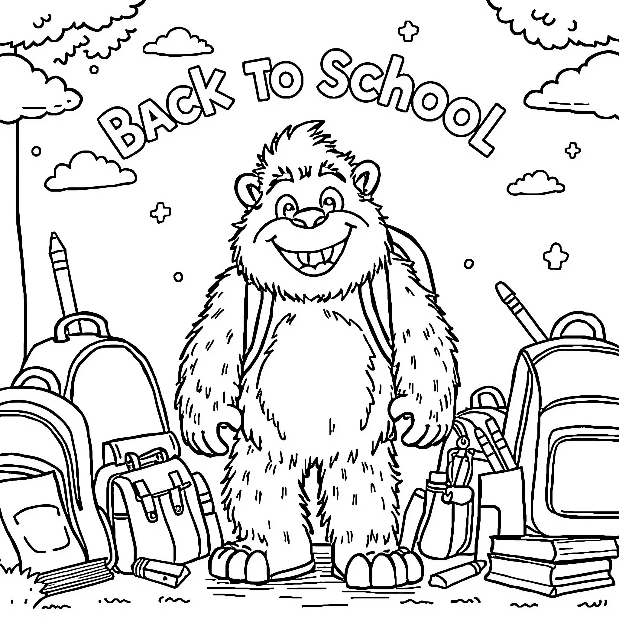 Bigfoot getting ready for back to school Coloring Page (free black-and-white line drawing printable PDF for all, from beginners to advanced learners, including children, teens, adults, and seniors)