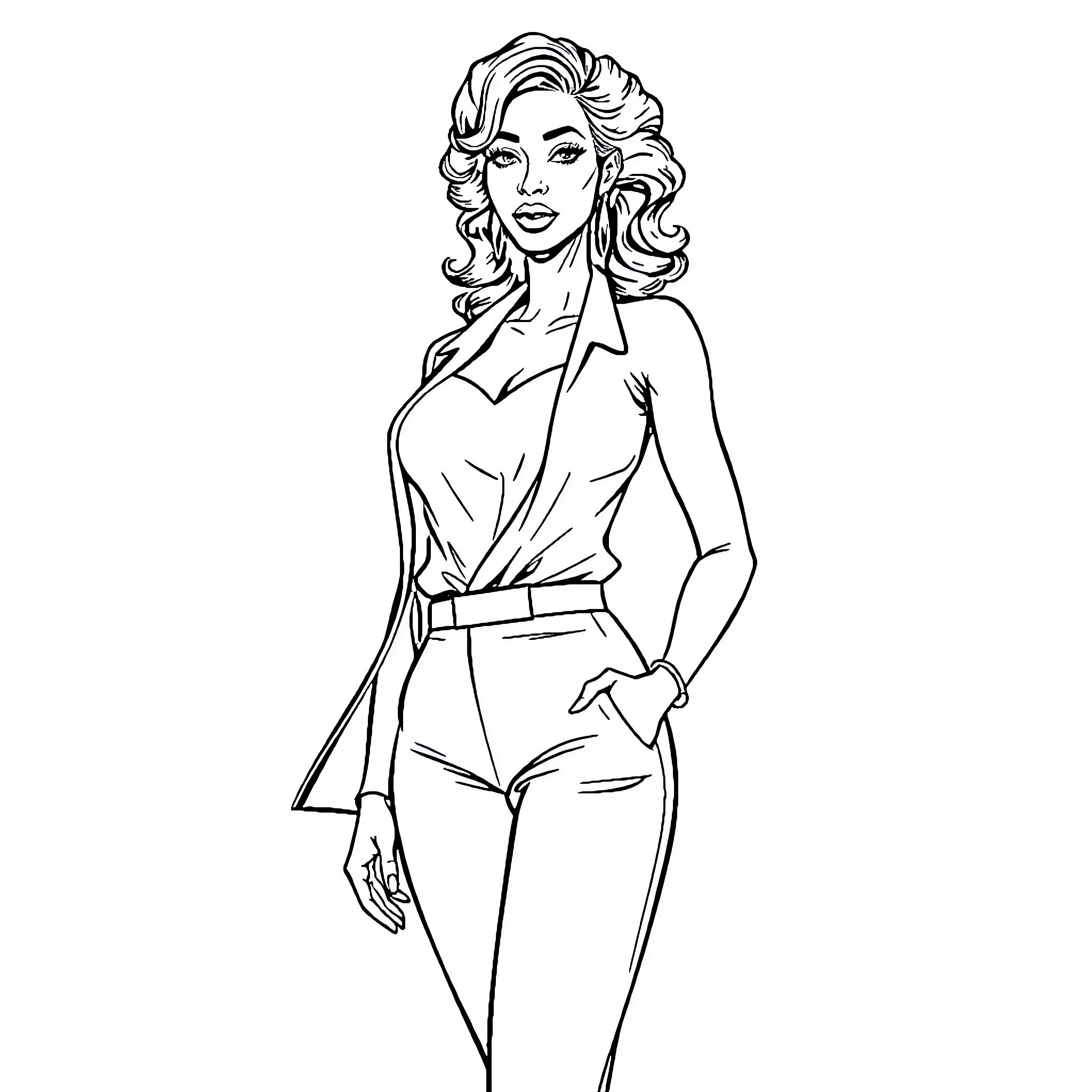 Woman in Glamorous Outfit with Stylish Hairstyle Coloring Page (free black-and-white line drawing printable PDF for all, from beginners to advanced learners, including children, teens, adults, and seniors)