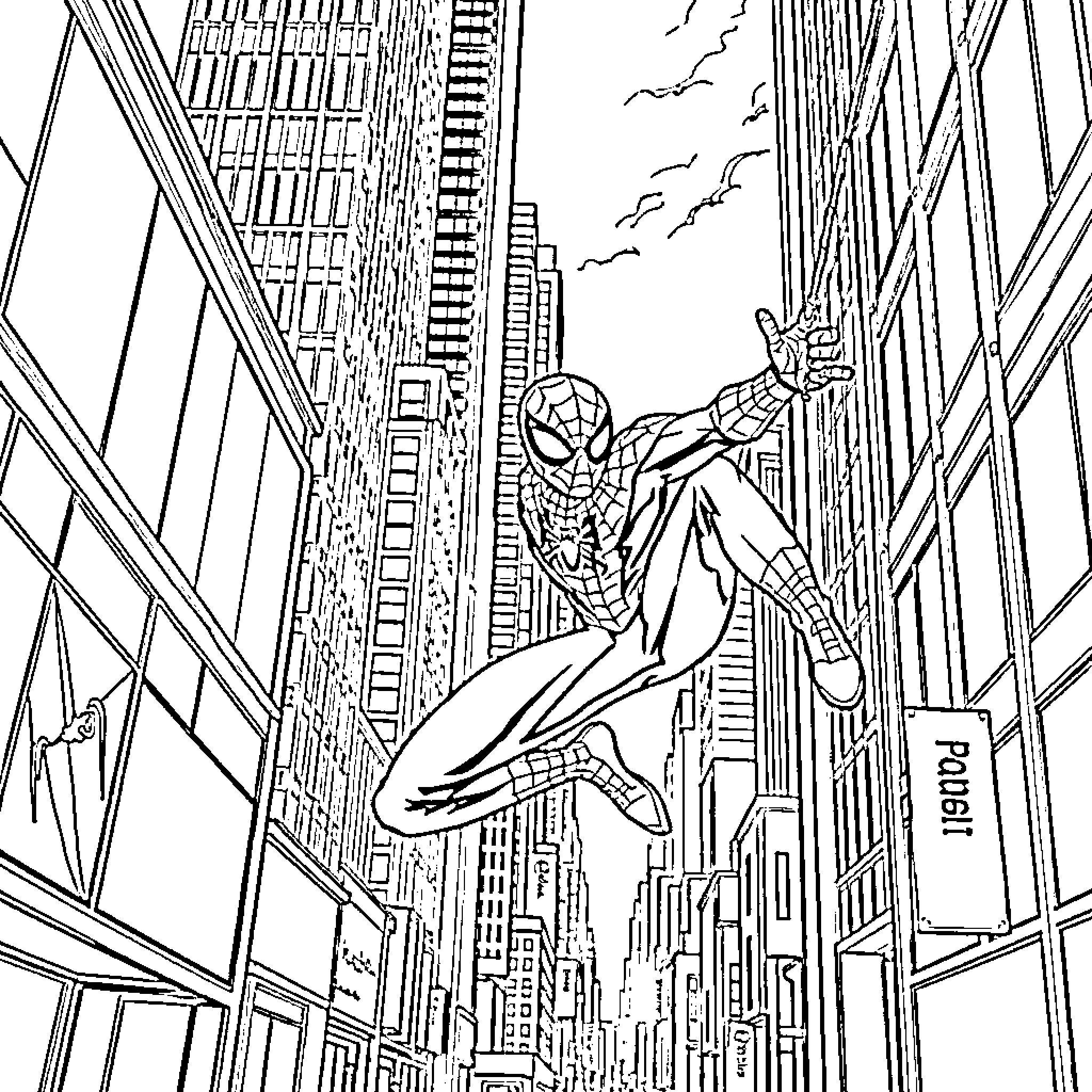Spiderman swinging through the city skyline Coloring Page (free black-and-white line drawing printable PDF for all, from beginners to advanced learners, including children, teens, adults, and seniors)