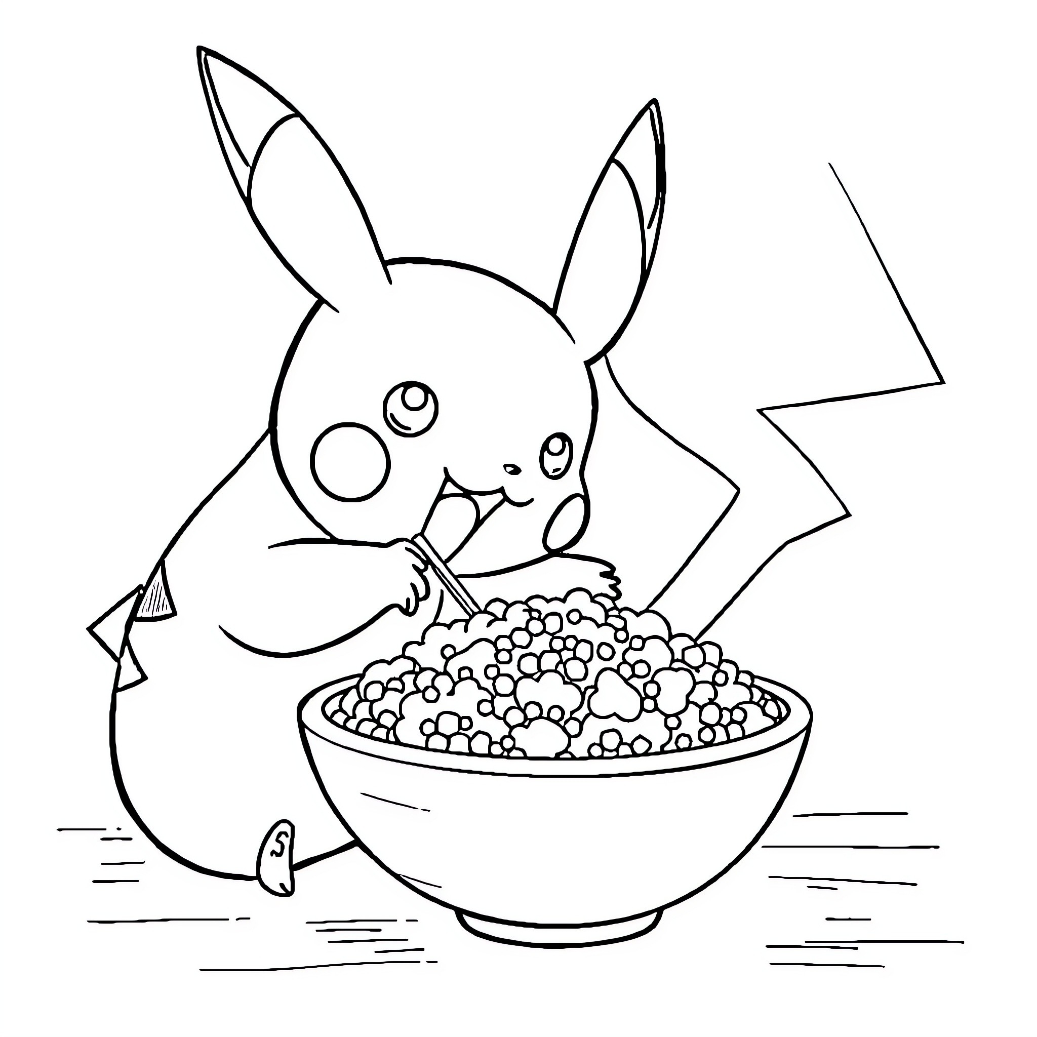 Pikachu enjoying a bowl of treats Coloring Page (free black-and-white line drawing printable PDF for all, from beginners to advanced learners, including children, teens, adults, and seniors)