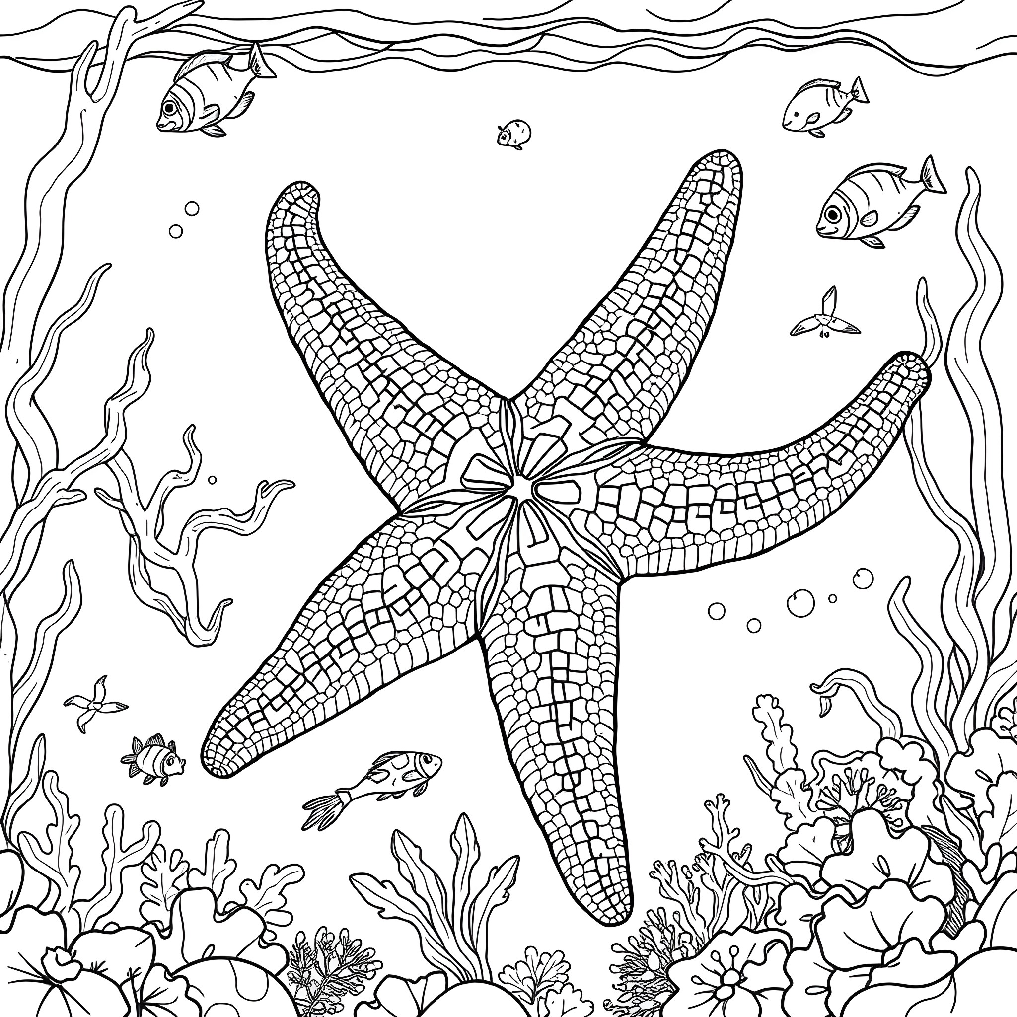 Starfish swimming with underwater creatures Coloring Page (free black-and-white line drawing printable PDF for all, from beginners to advanced learners, including children, teens, adults, and seniors)