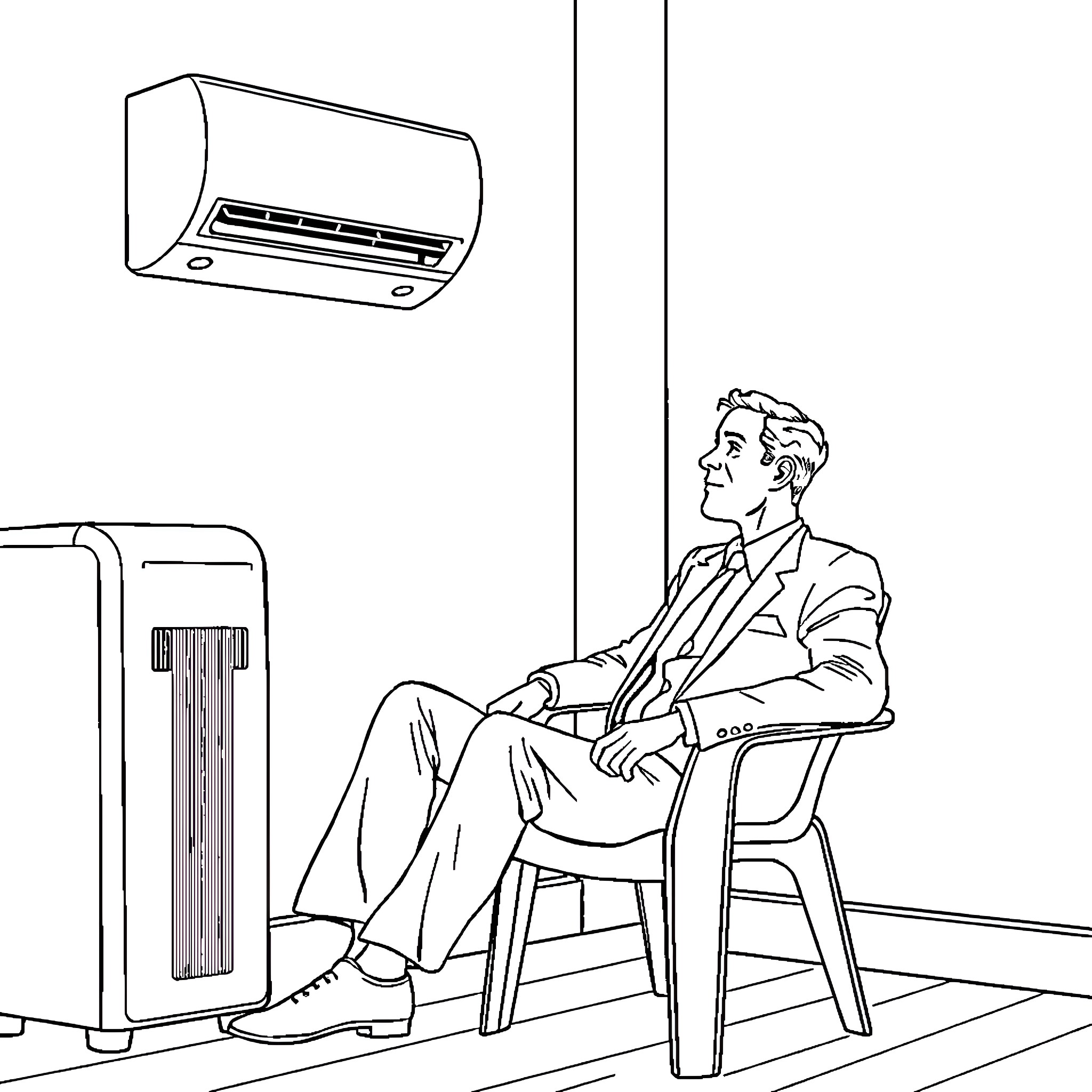 Man relaxing in front of air conditioning unit Coloring Page (free black-and-white line drawing printable PDF for all, from beginners to advanced learners, including children, teens, adults, and seniors)
