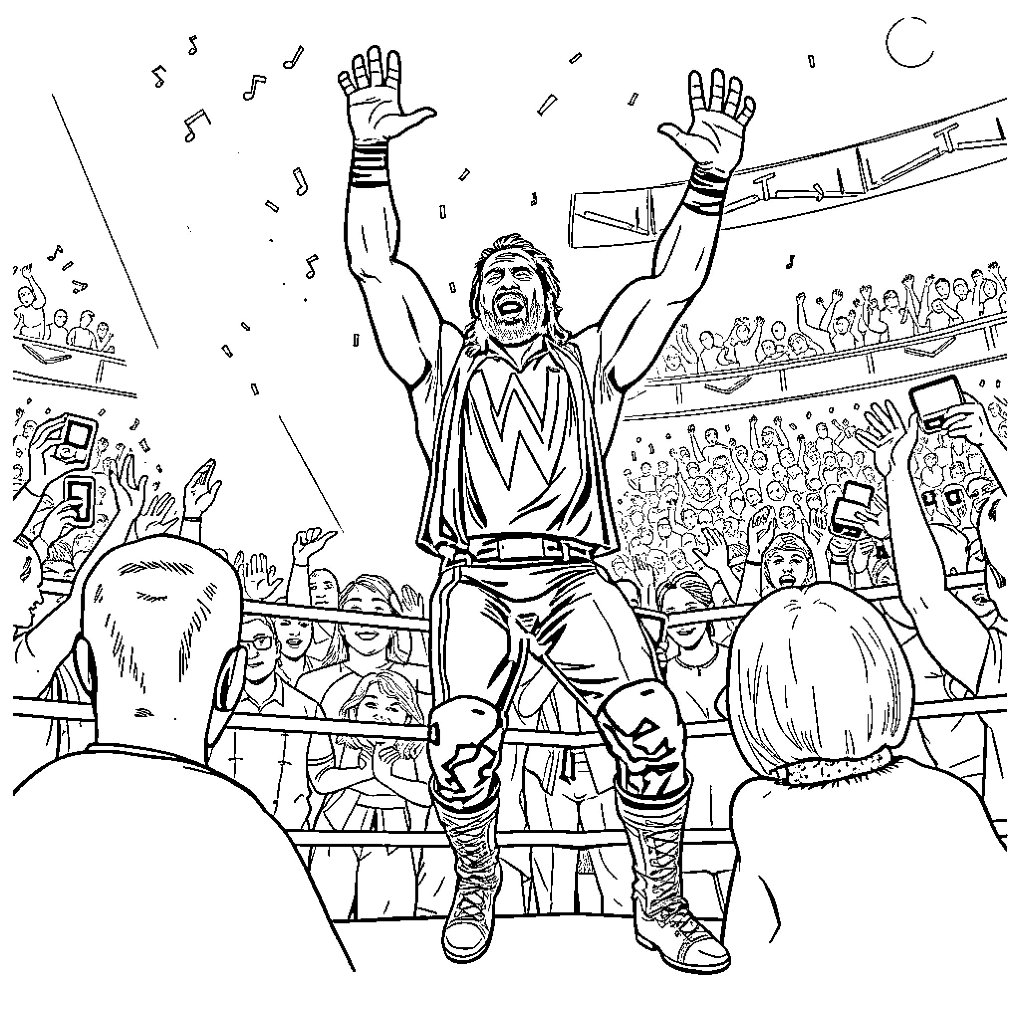 Shawn Michaels Celebrating Victory in the Wrestling Ring Coloring Page (free black-and-white line drawing printable PDF for all, from beginners to advanced learners, including children, teens, adults, and seniors)